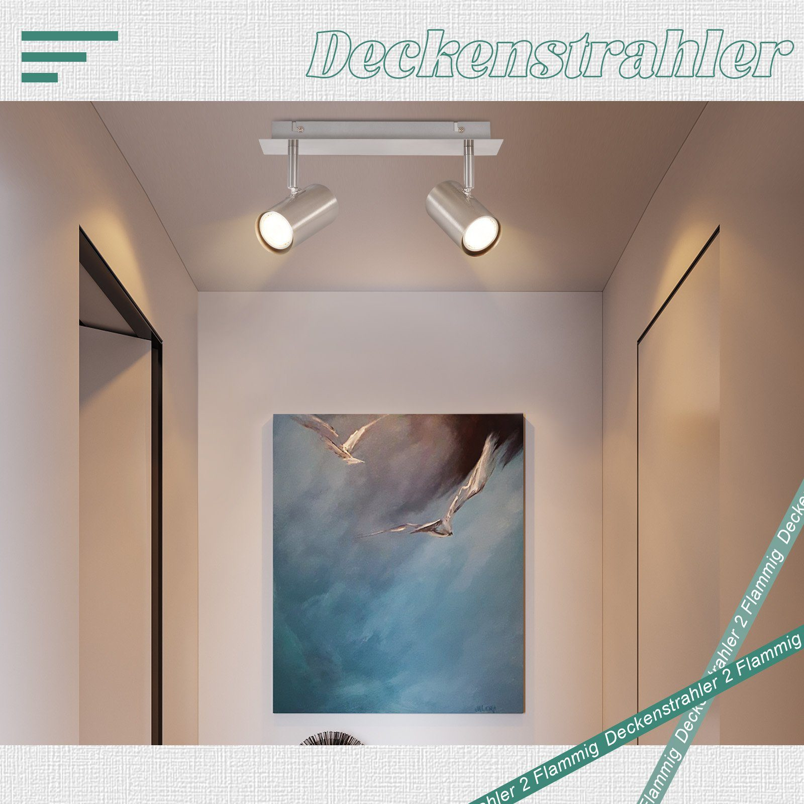 Dwa reflektory na szynie, zamontowane na suficie.