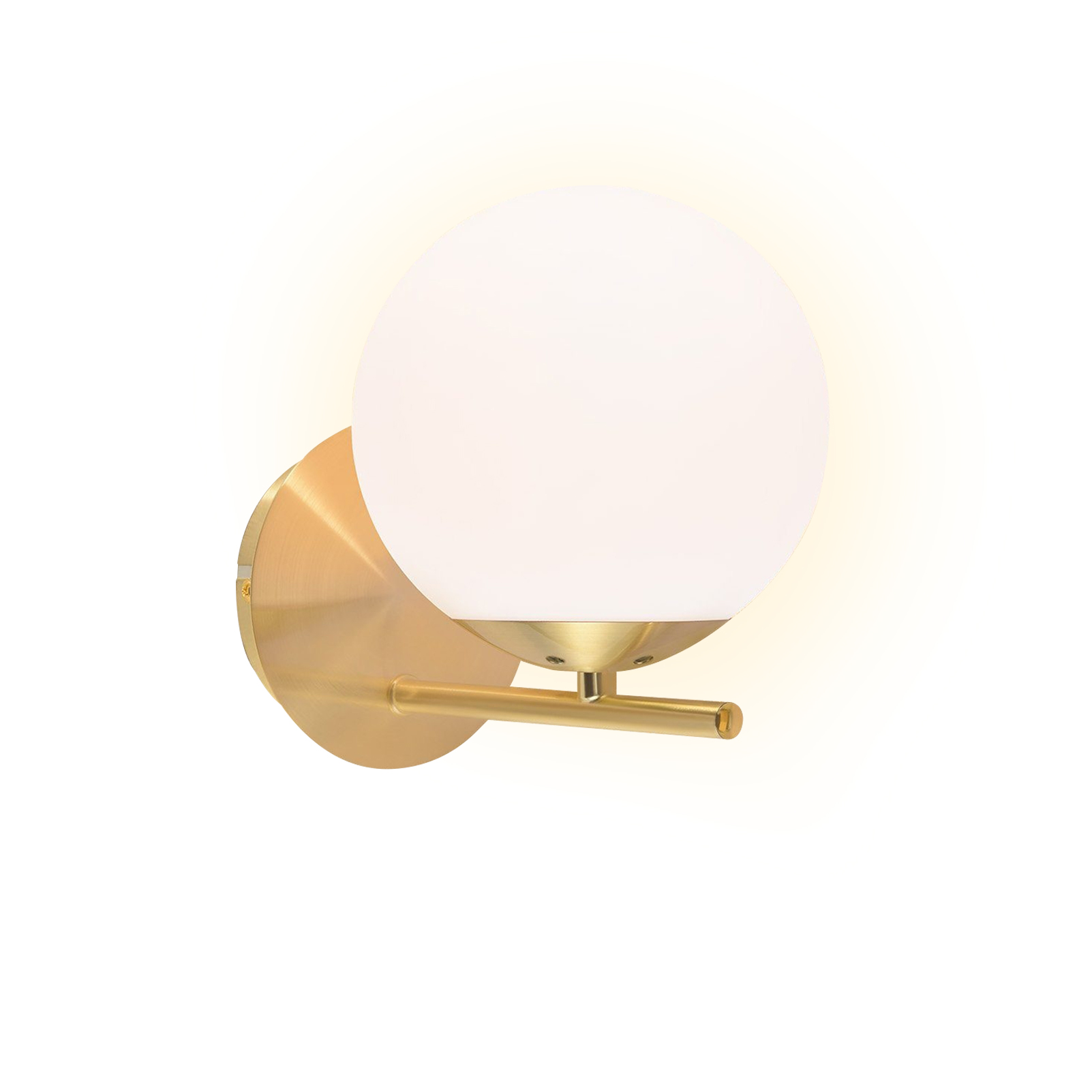 Biała lampa ścienna w kształcie kuli z mosiężnym mocowaniem na białym tle.