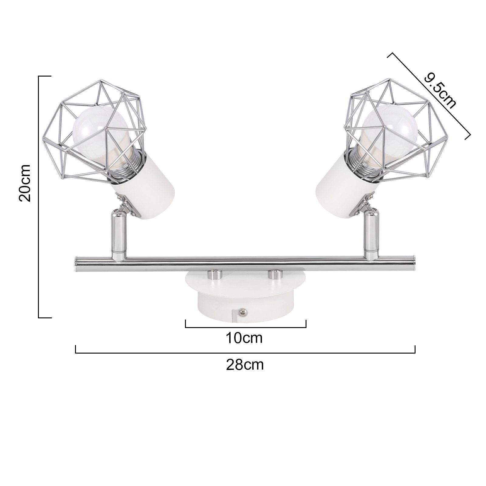 Dwa białe reflektory z drucianymi klatkami, zamontowane na metalowym pręcie. Wymiary są oznaczone.