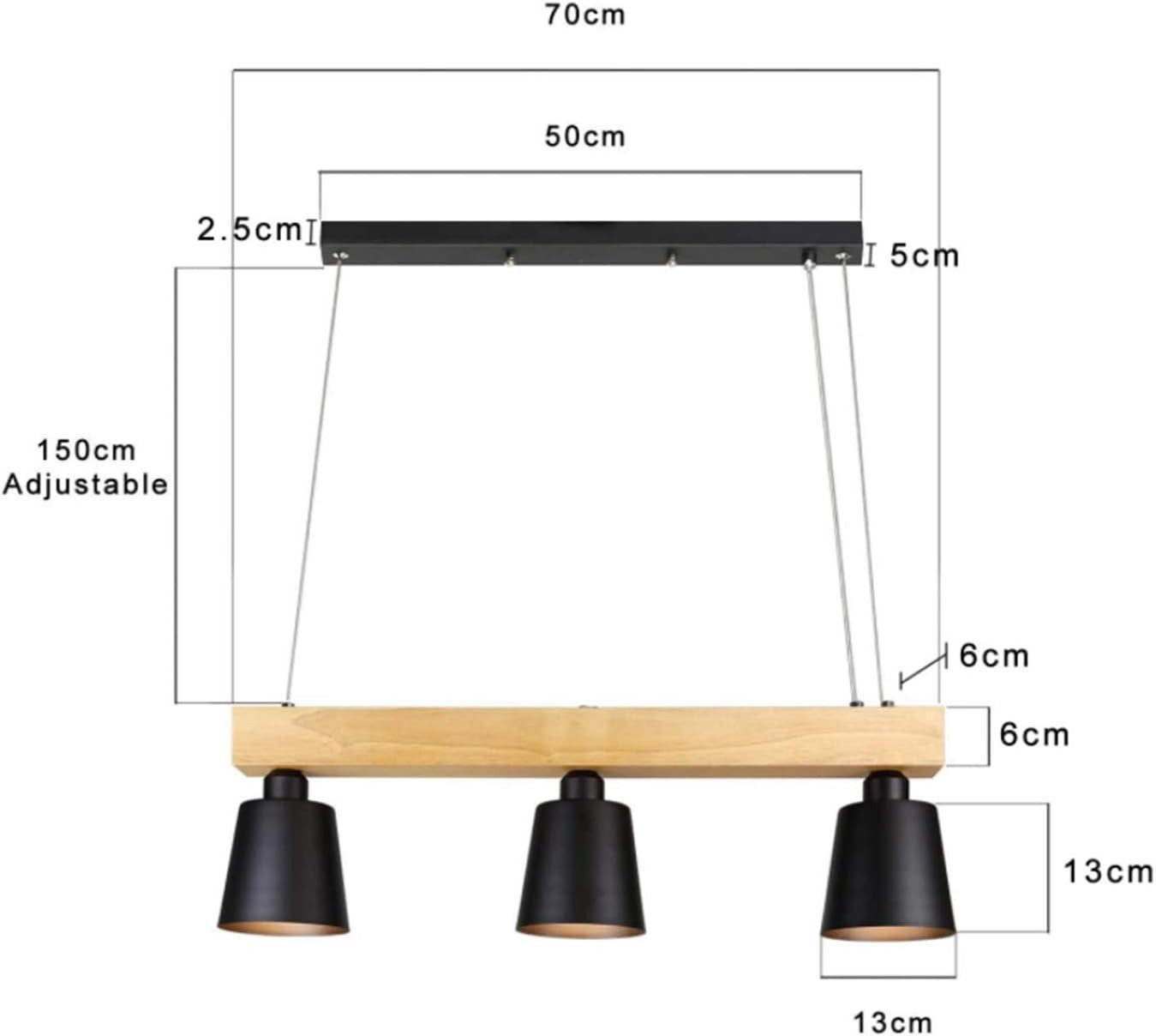 Una lampada a sospensione nera e legno con tre lampade, le dimensioni sono incluse nell'immagine.