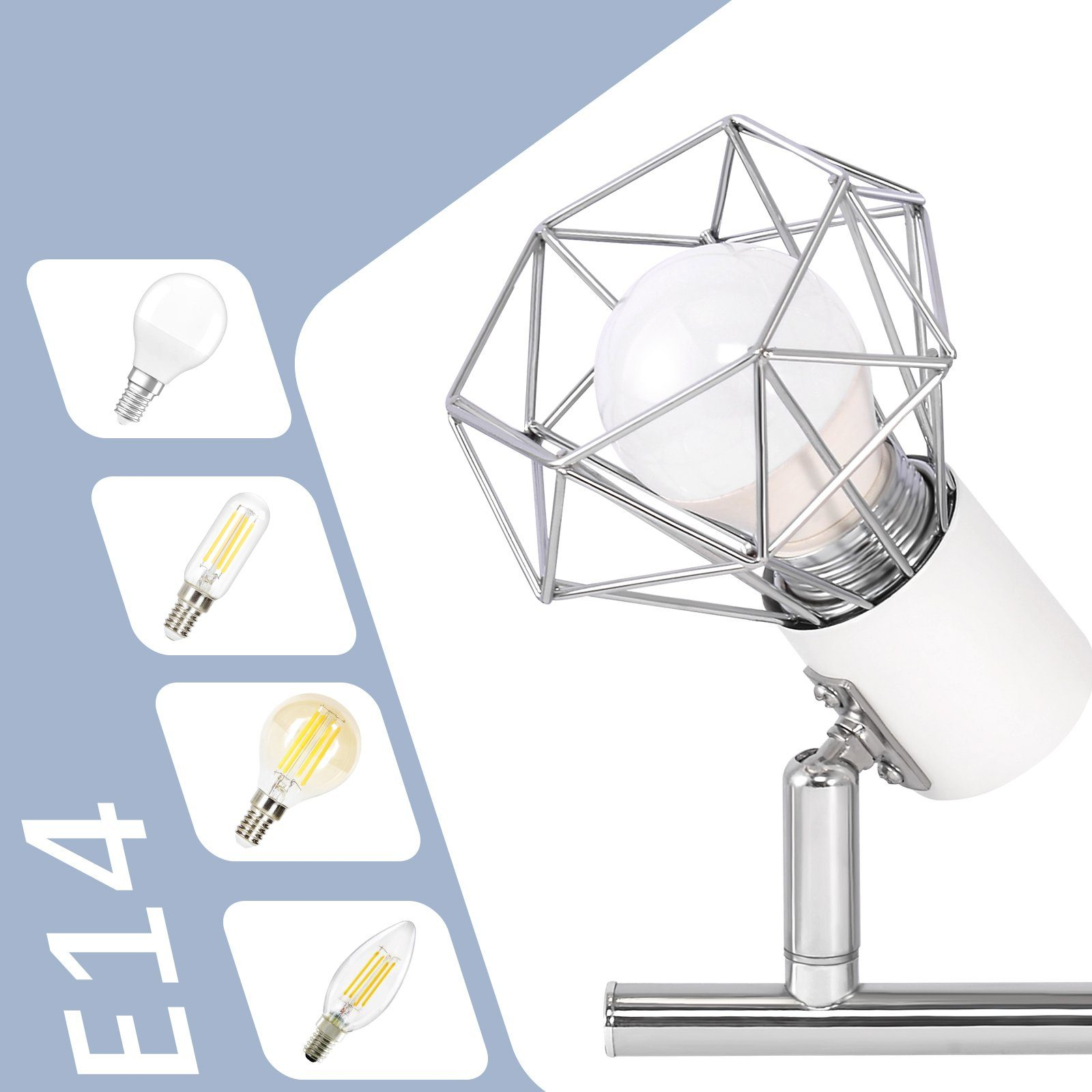 Srebrna metalowa lampa klatkowa z żarówką. Cztery inne żarówki pokazano po lewej stronie.