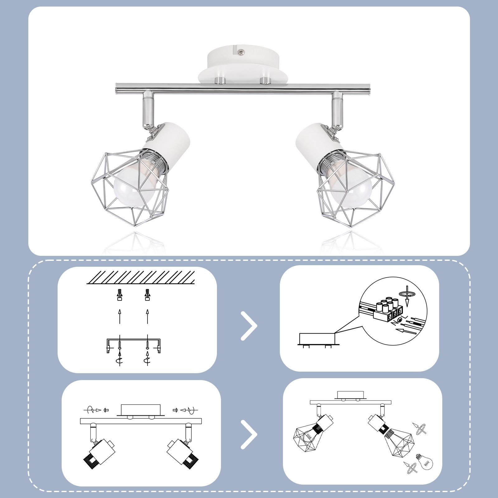 Schemat przedstawiający kroki instalacji lampy sufitowej z dwoma światłami.