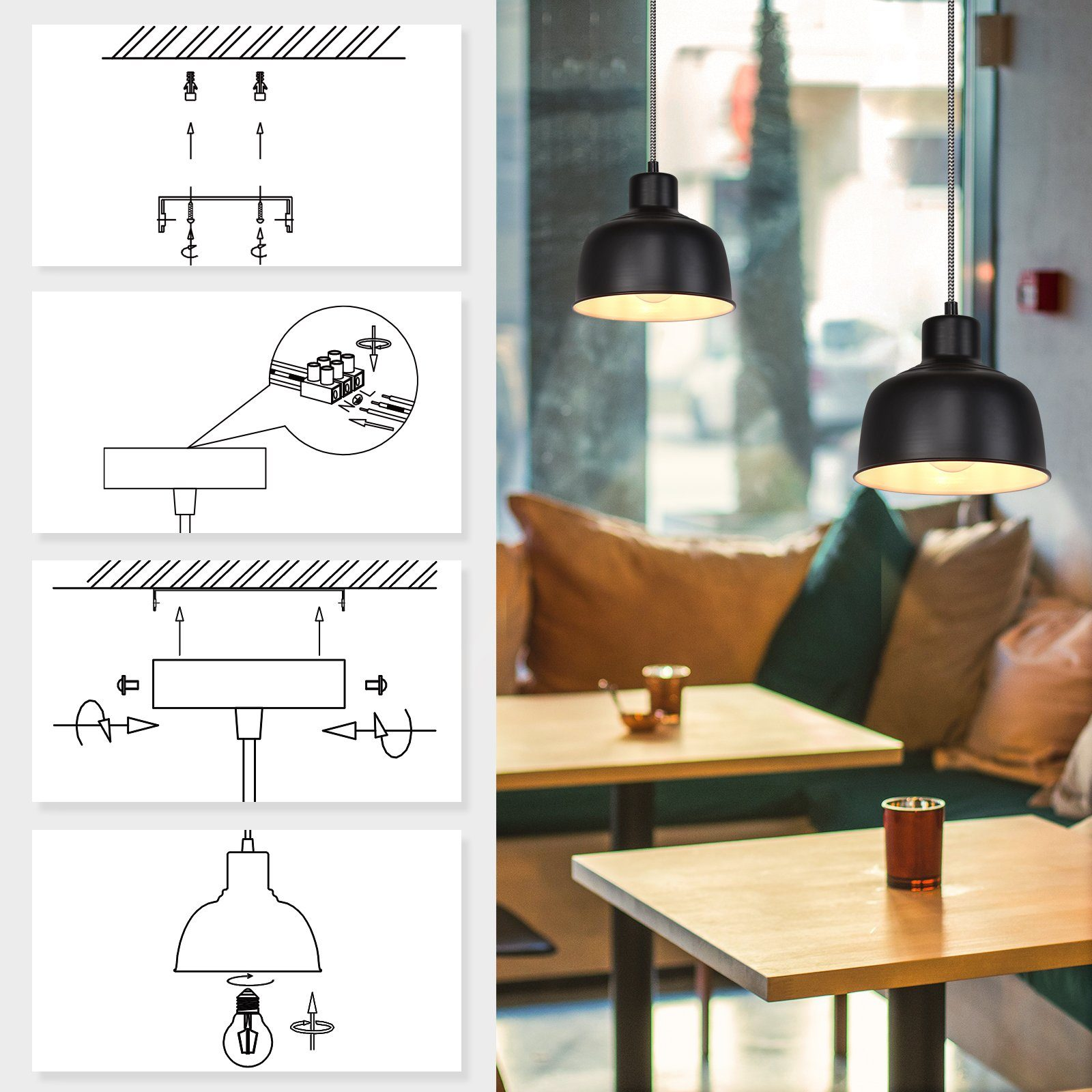 Schematy pokazują kroki instalacji czarnych lamp wiszących w kawiarni z stołami i krzesłami.