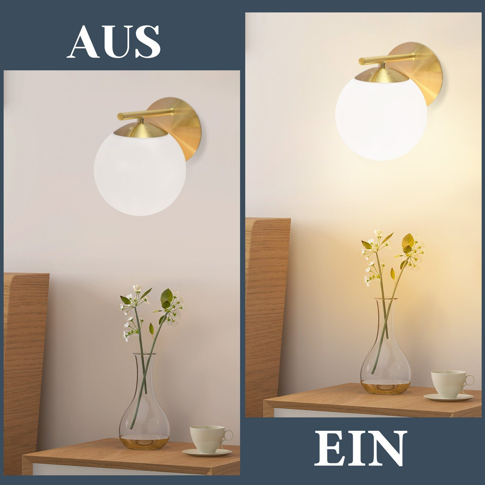 Lampa jest wyłączona i włączona. Wazon z kwiatami stoi na stoliku nocnym z filiżanką.