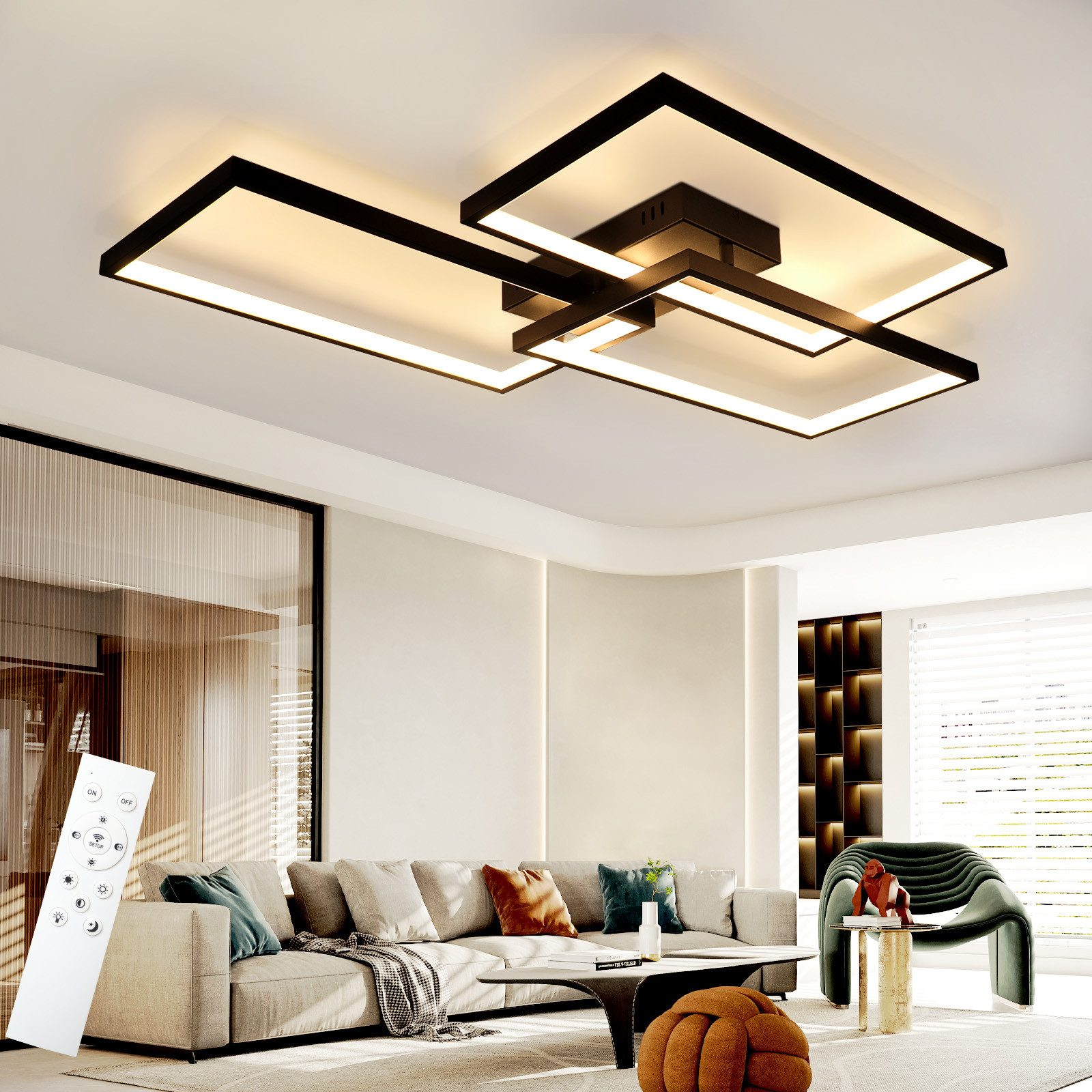 Nowoczesny salon z geometrycznymi lampami sufitowymi. Widoczna beżowa sofa, szklany stolik i zielony fotel.