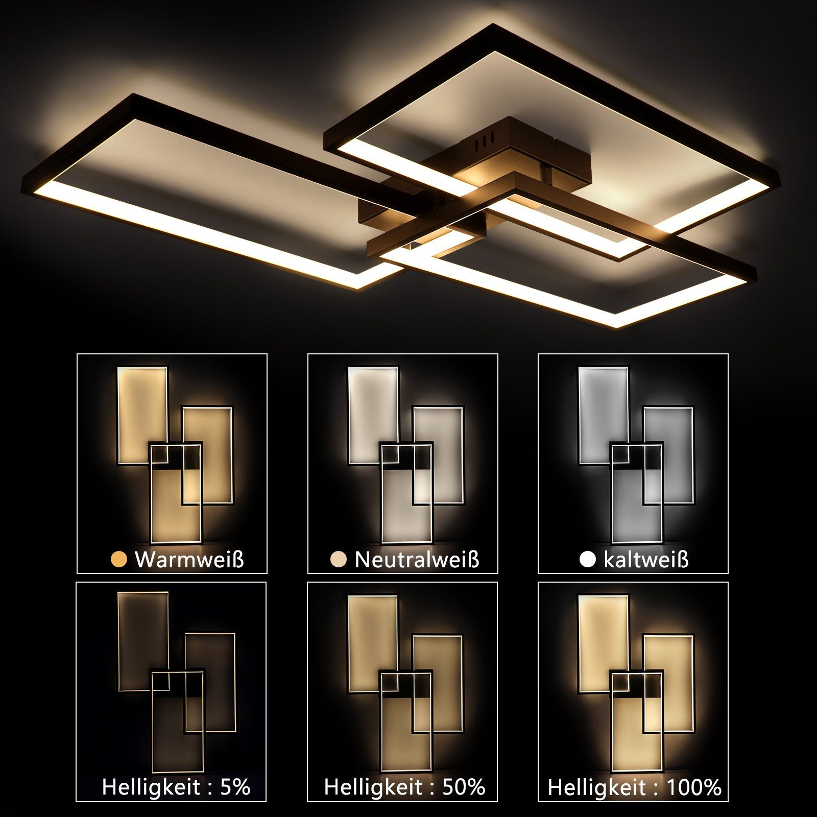 Lampa sufitowa z regulowanymi temperaturami światła: ciepła biel, neutralna biel i zimna biel, o różnych intensywnościach.