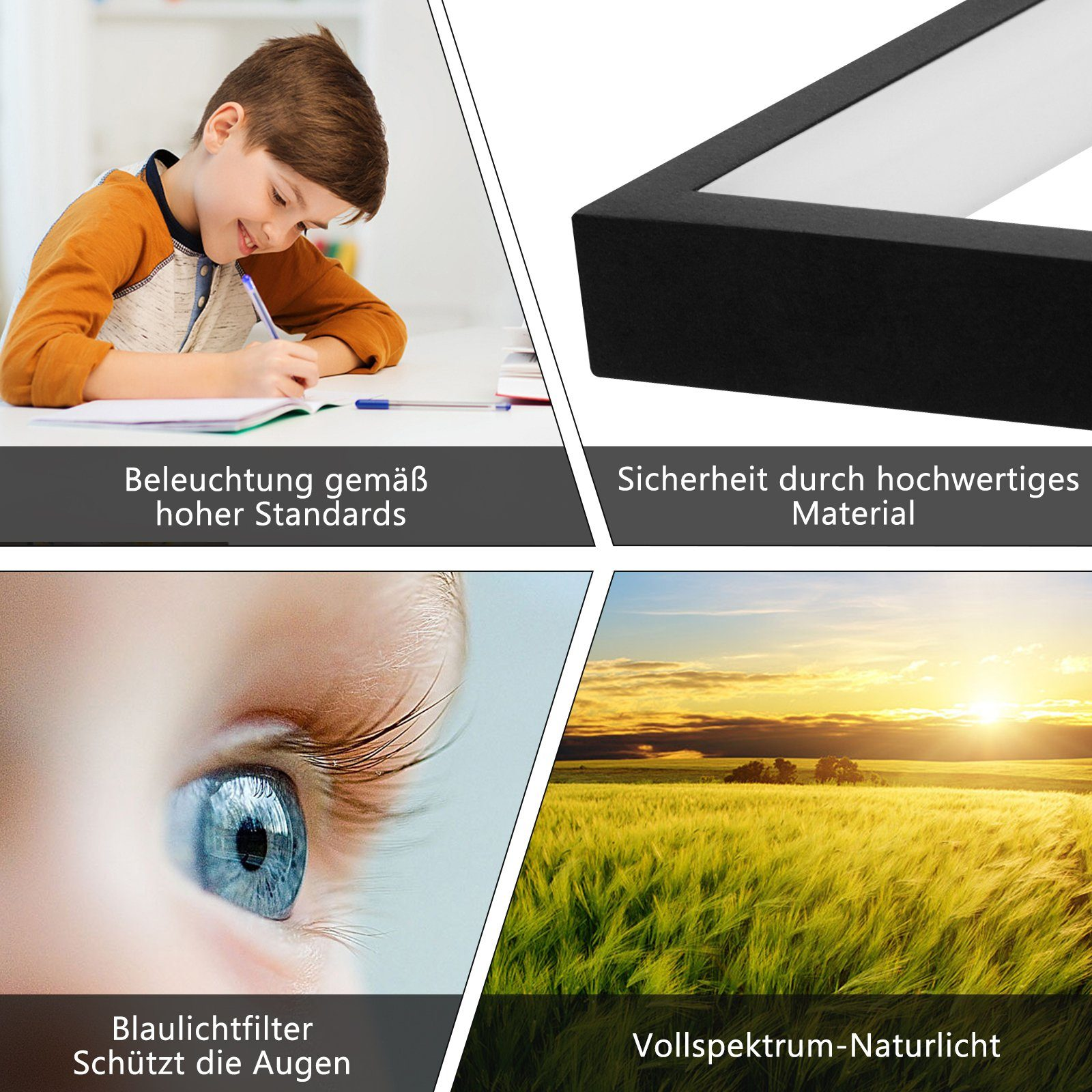 Dziecko piszące przy biurku, zbliżenie na niebieskie oko i pole o zachodzie słońca. Tekst o oświetleniu.