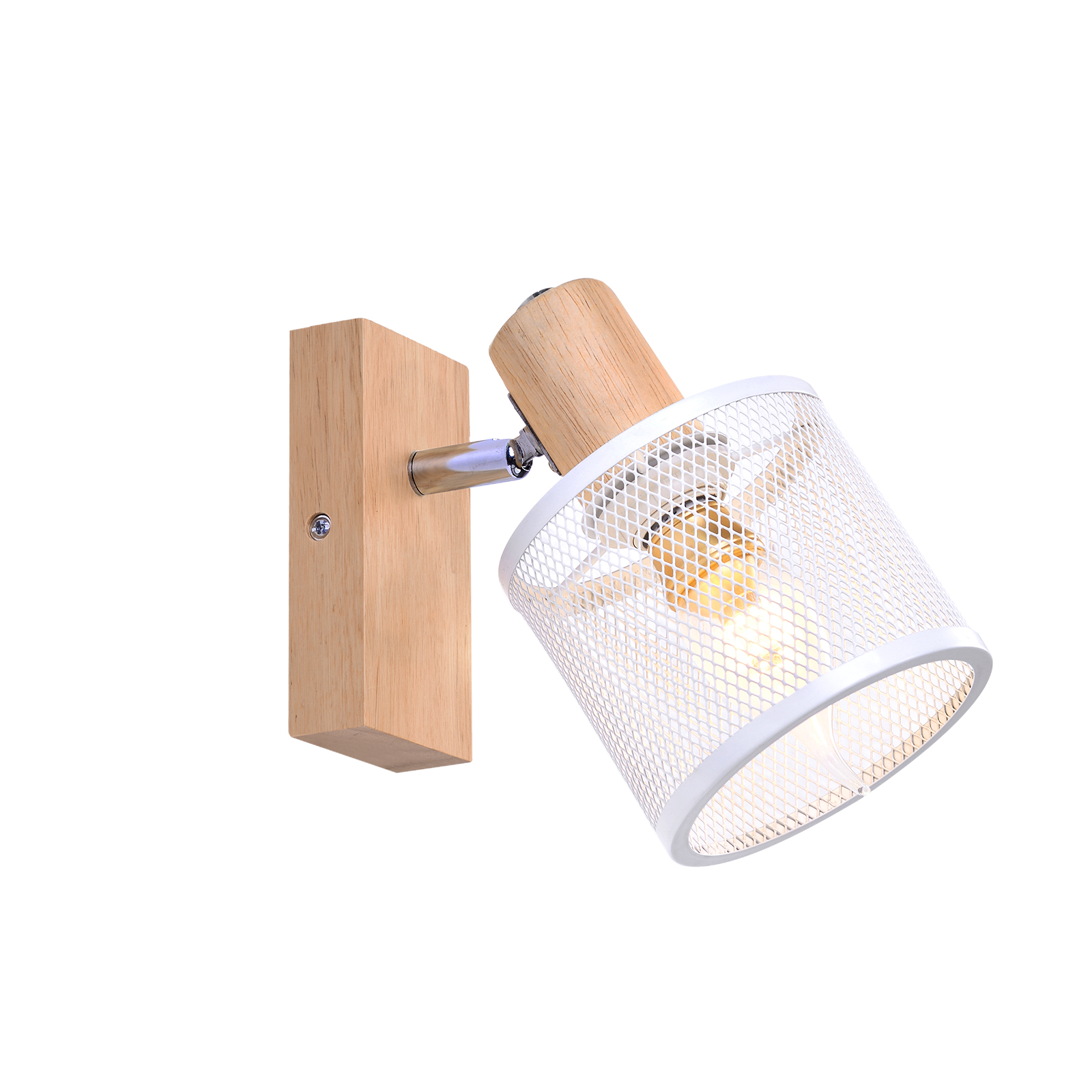 Lampa ścienna z drewnianą podstawą i białym metalowym kloszem z siatki, z żarówką.
