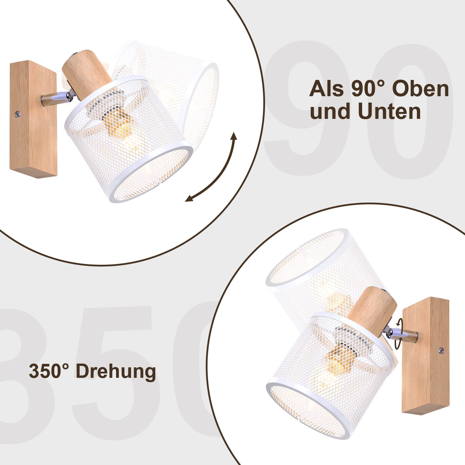 Kinkiet z drewnianą podstawą, białym kloszem z siatki i tekstem o obrocie 350° i 90°.