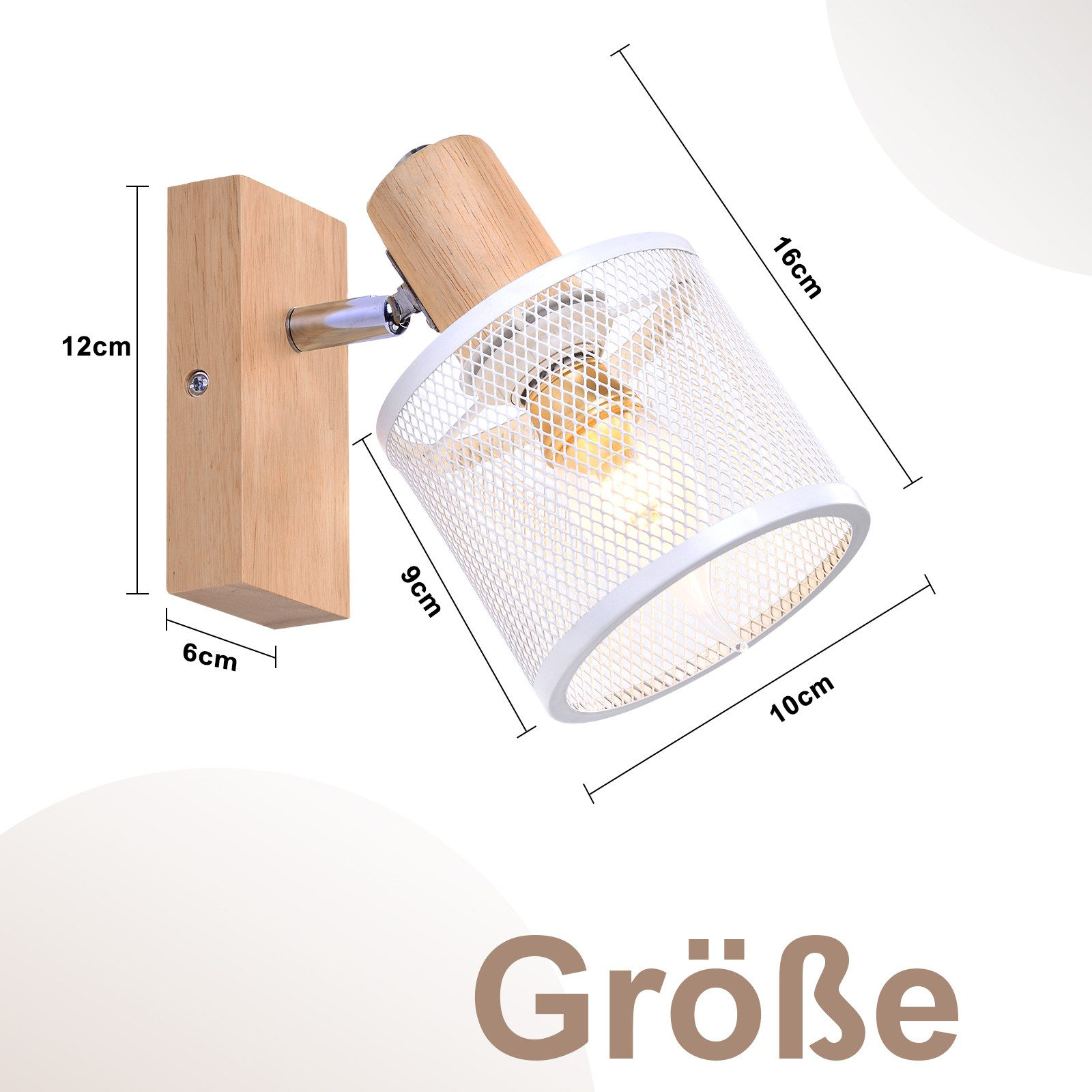 Drewniana lampa ścienna z białym kloszem z siatki i żarówką.