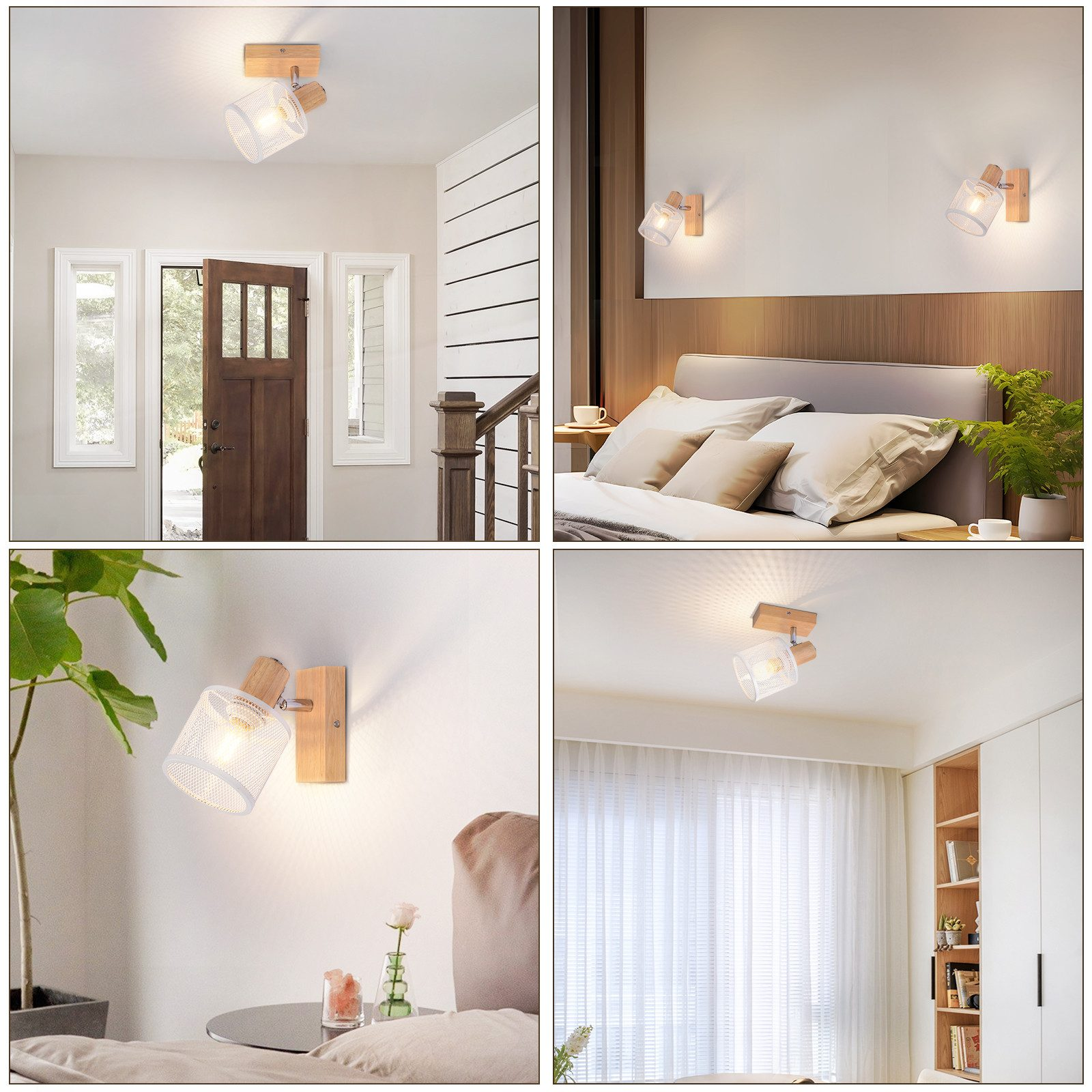Wiele zdjęć reflektorów w różnych ustawieniach: korytarz, sypialnia i ściana. Reflektory są drewniane i metalowe.