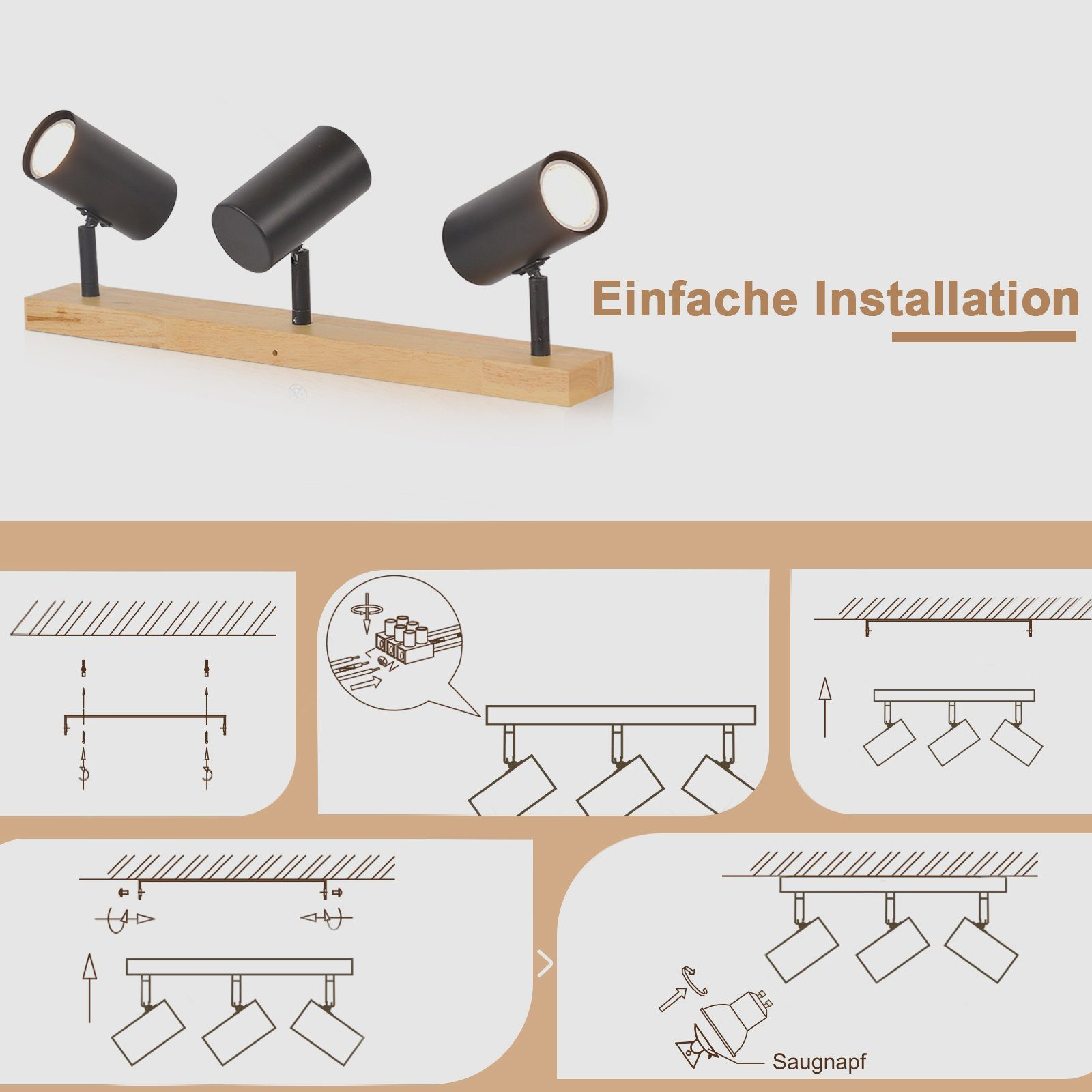 Un diagramma mostra i passaggi per installare un apparecchio di illuminazione a binario con tre faretti. Il testo 'Einfache Installation' è visibile.