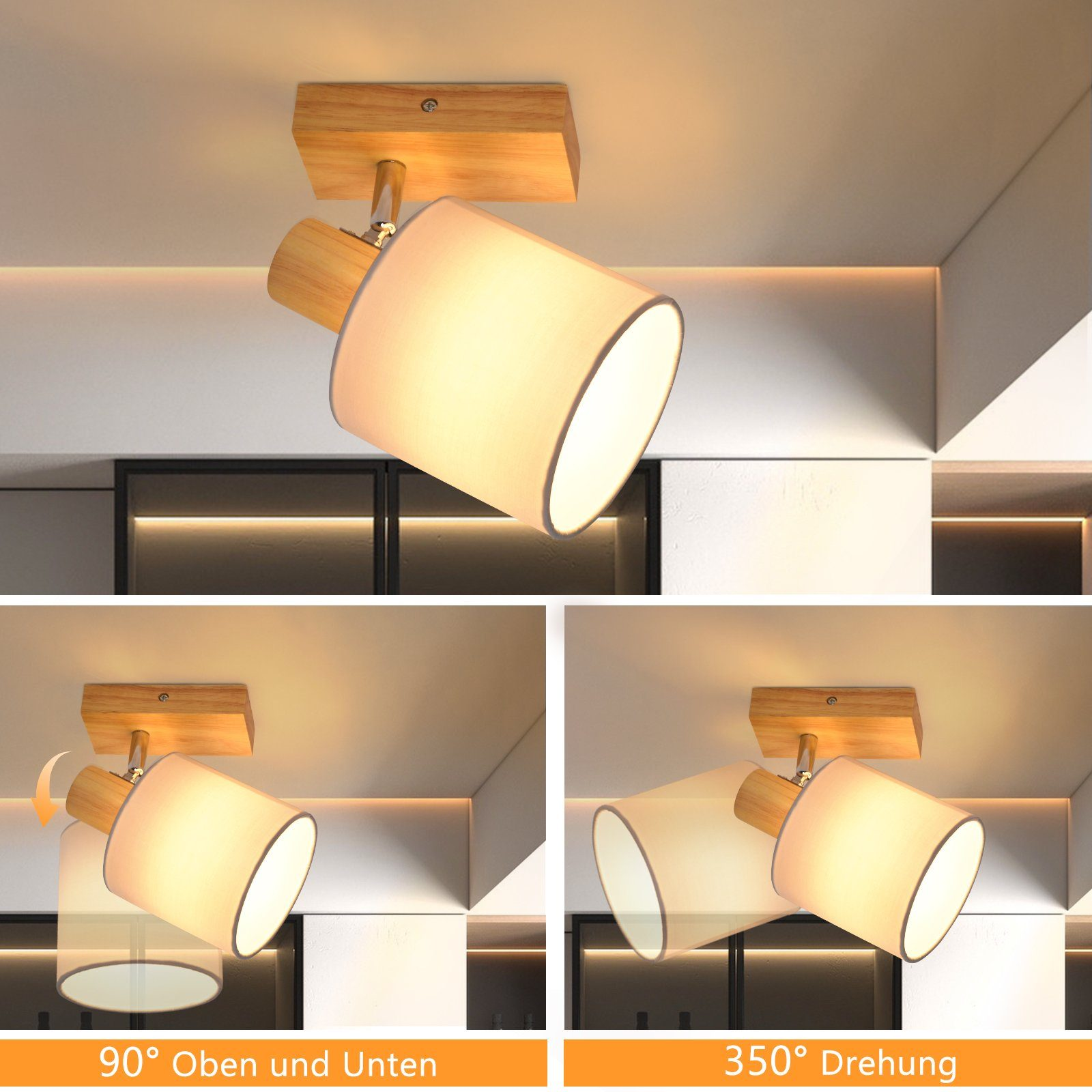 Regulowana lampa sufitowa z białym kloszem. Pokazuje 90° góra/dół i obrót 350°. Biały sufit i ściany.