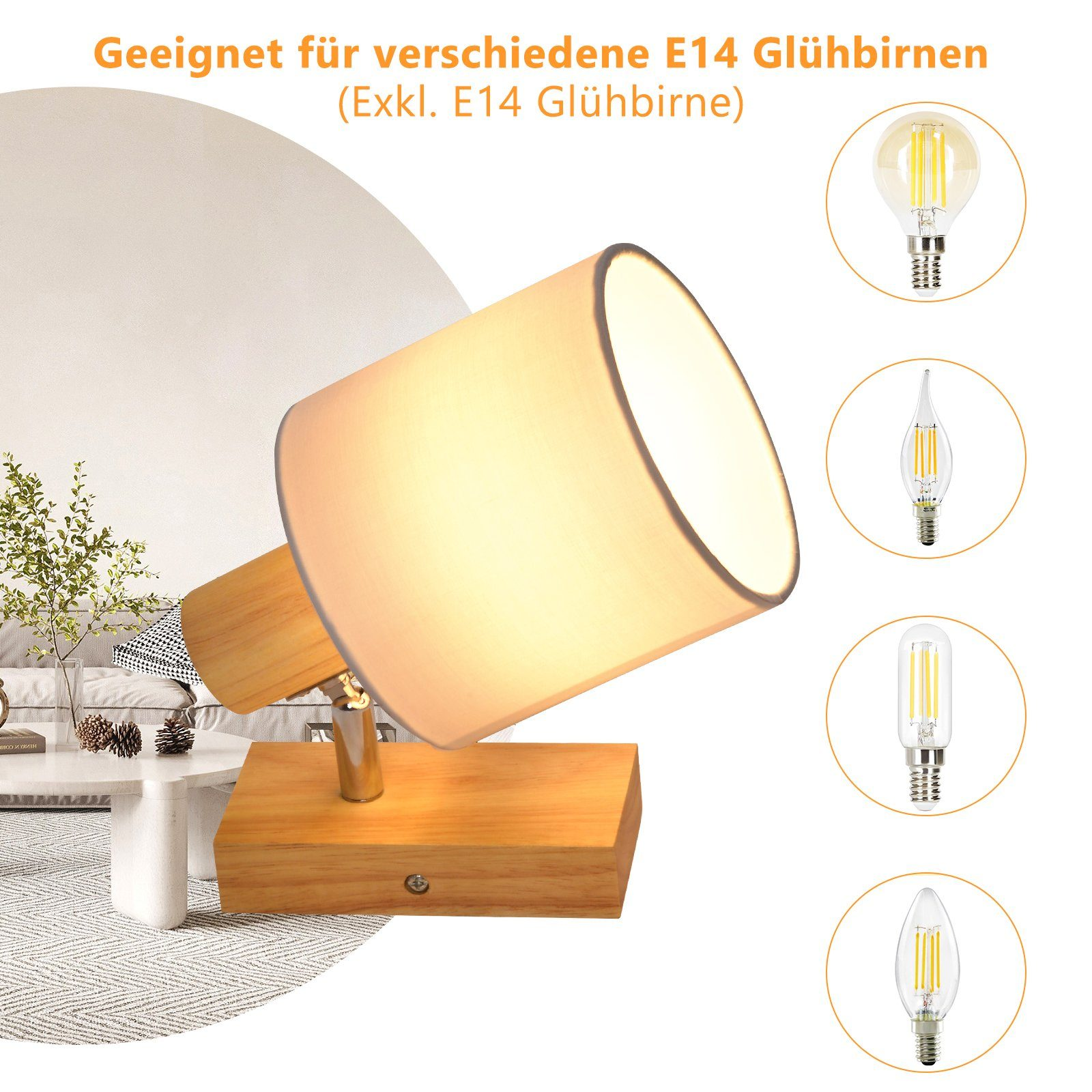 Oprawa oświetleniowa z drewnianą podstawą i czterema różnymi żarówkami.