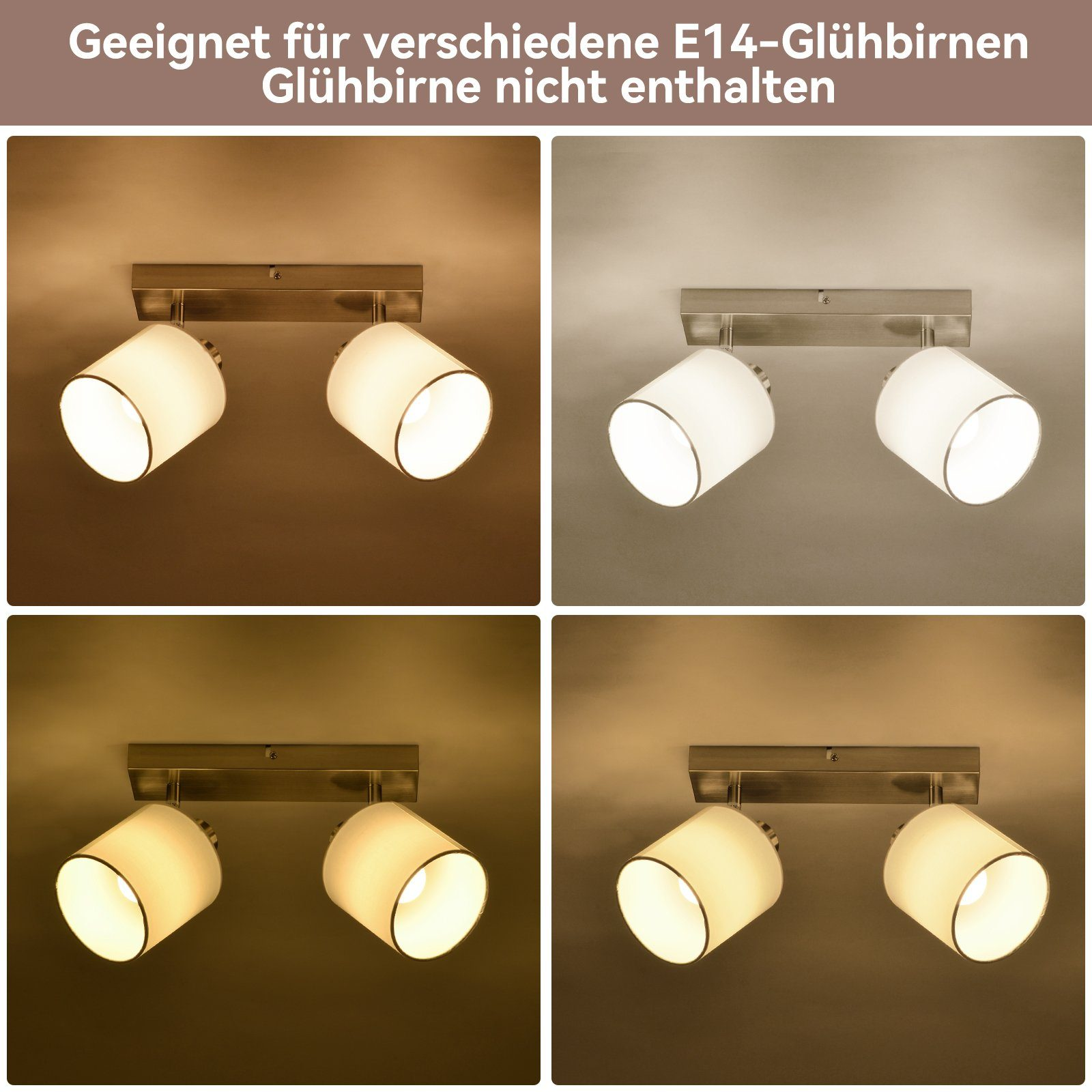 Cztery obrazy pokazują dwie lampy. Każda lampa ma dwa białe klosze i srebrny montaż. Tło różni się kolorem.