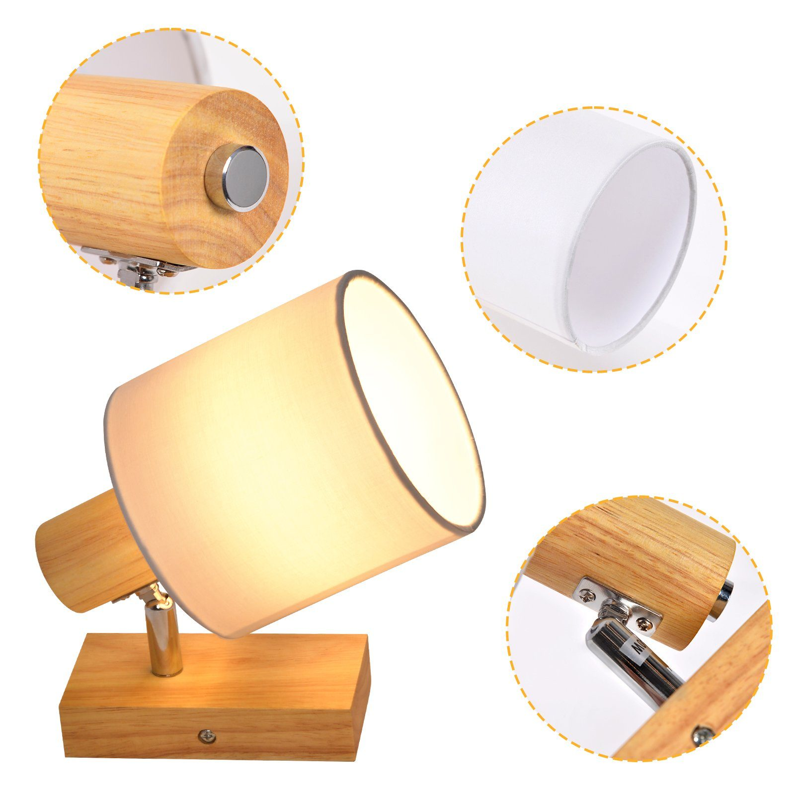 Lampada in legno con paralume bianco, con primi piani dettagliati delle parti.