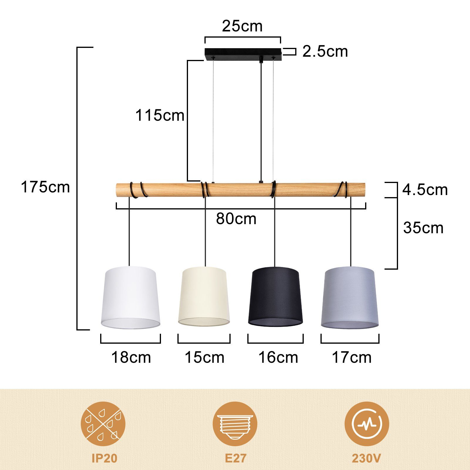 Lampa wisząca z czterema abażurami w różnych kolorach i wymiarach. Wymiary są podane przy lampie.