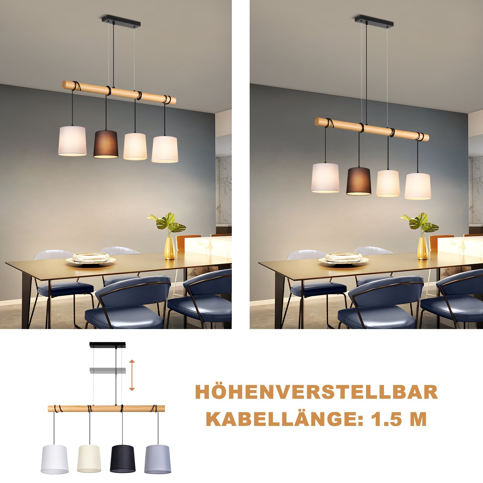 Lampy wiszące z drewnianym akcentem i materiałowymi abażurami. Regulowana wysokość, kabel 1,5 m. Dwa widoki.