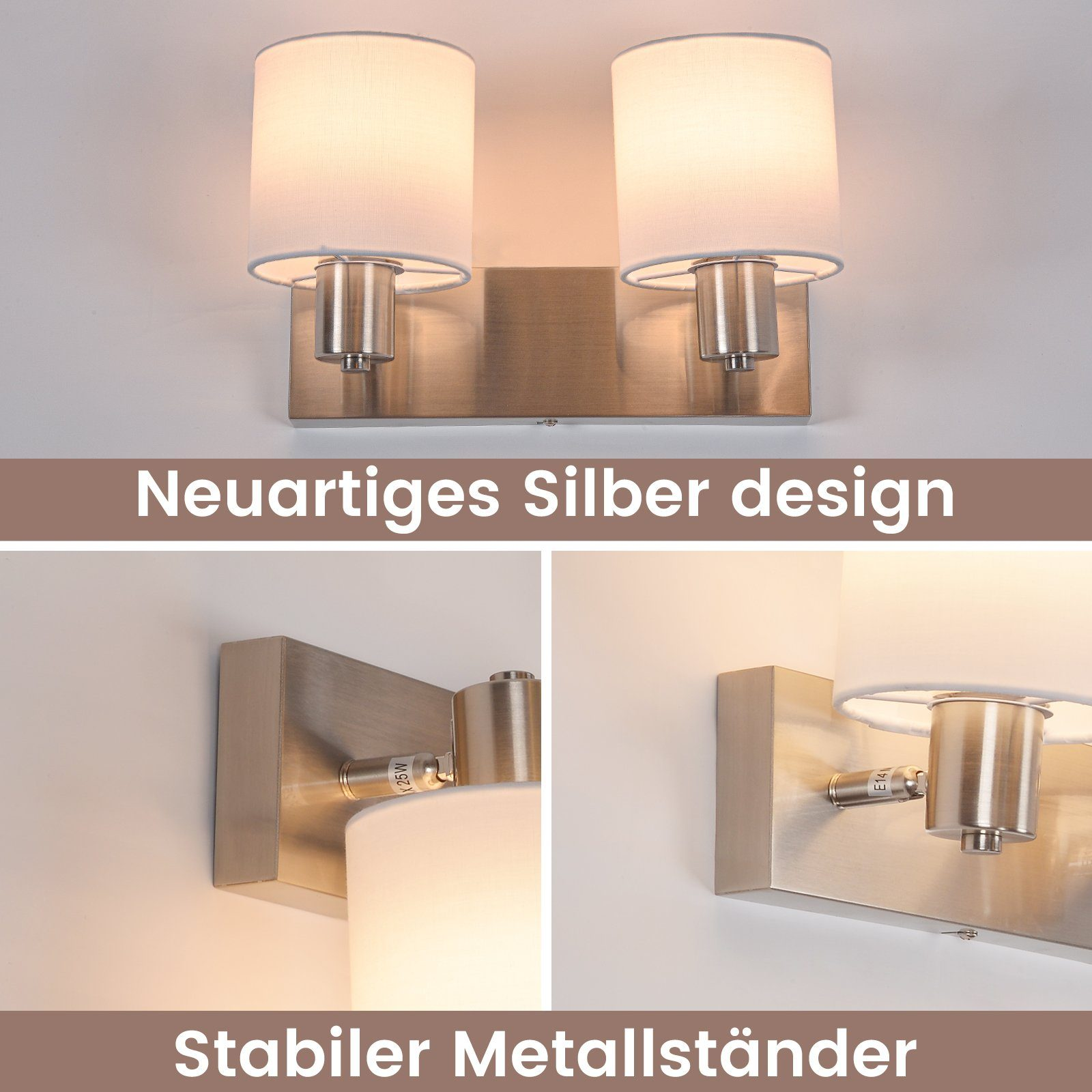 Dwie białe lampy zamontowane na srebrnej metalowej podstawie. Zbliżenia pokazują szczegóły lampy.