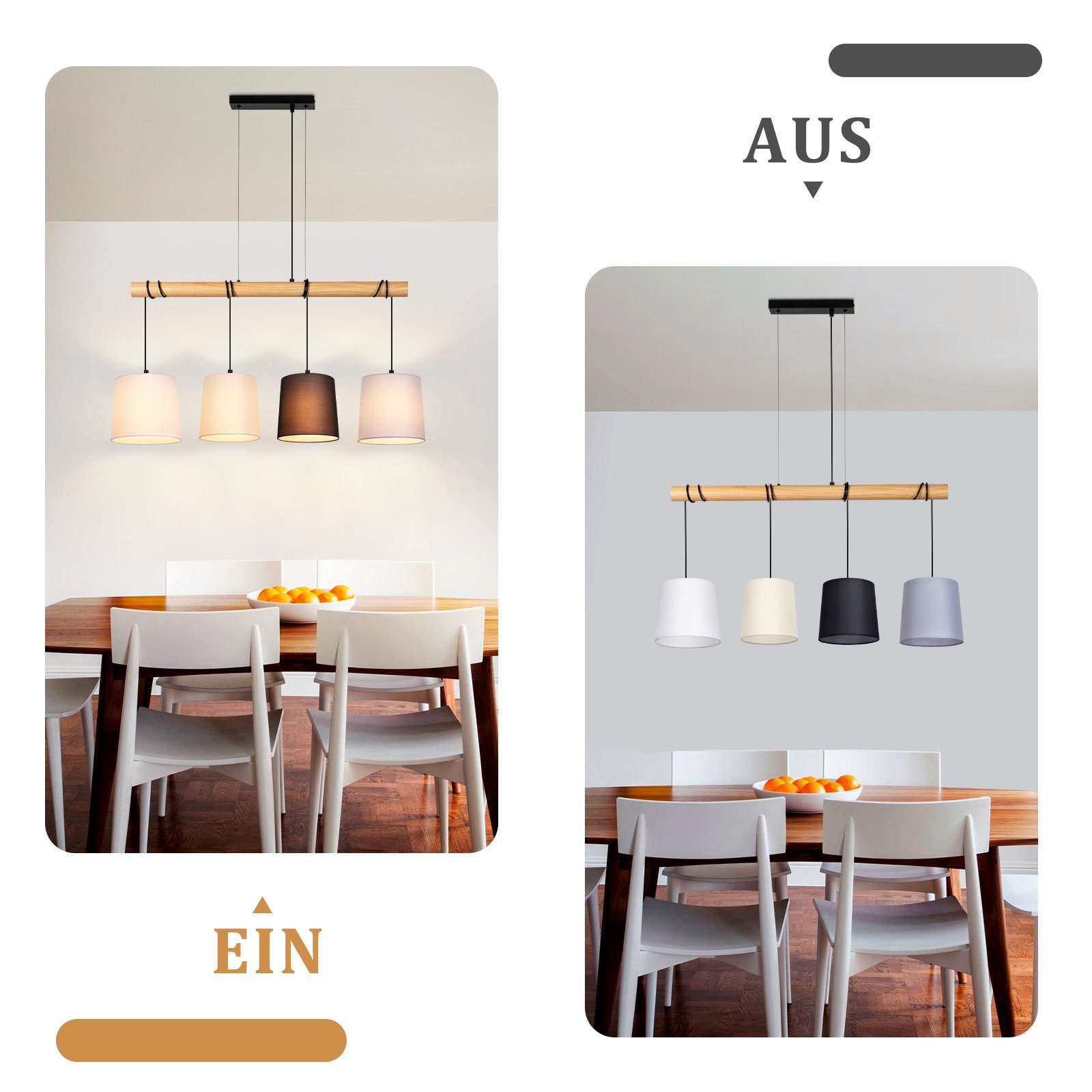 Dwa obrazy lamp wiszących. Jeden pokazujący włączanie lamp, a drugi wyłączanie.