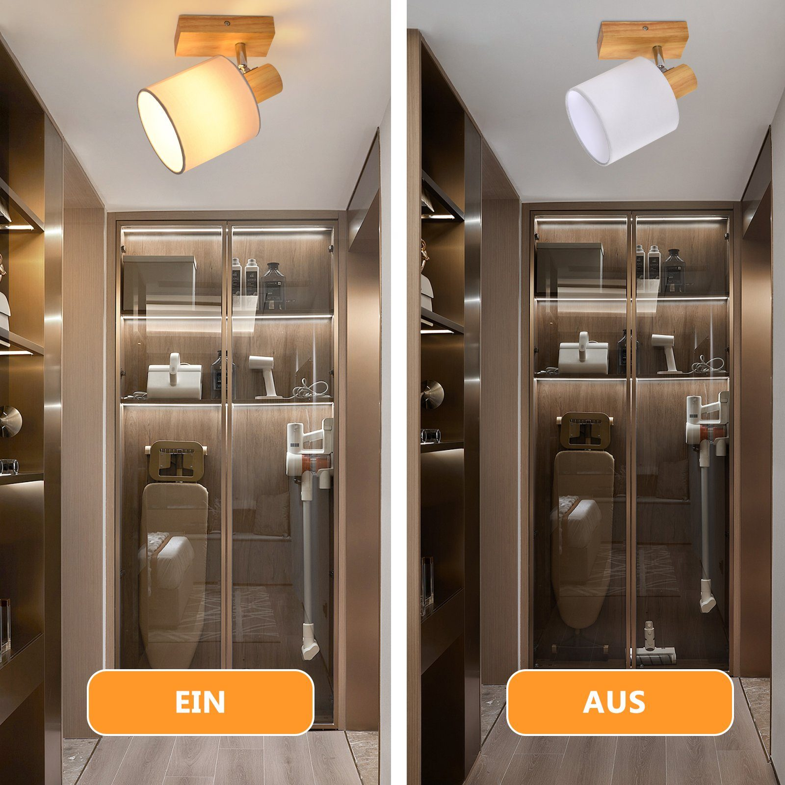 Dwa zdjęcia oprawy oświetleniowej, jedno włączone, drugie wyłączone. Oprawa ma drewnianą podstawę i biały klosz.