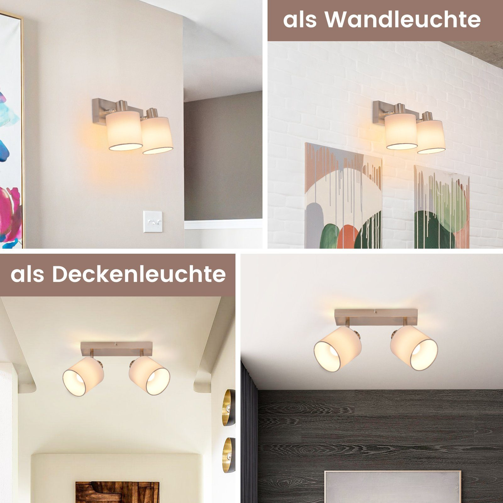 Wiele zdjęć lampy zainstalowanej jako oświetlenie ścienne i sufitowe. Białe klosze.