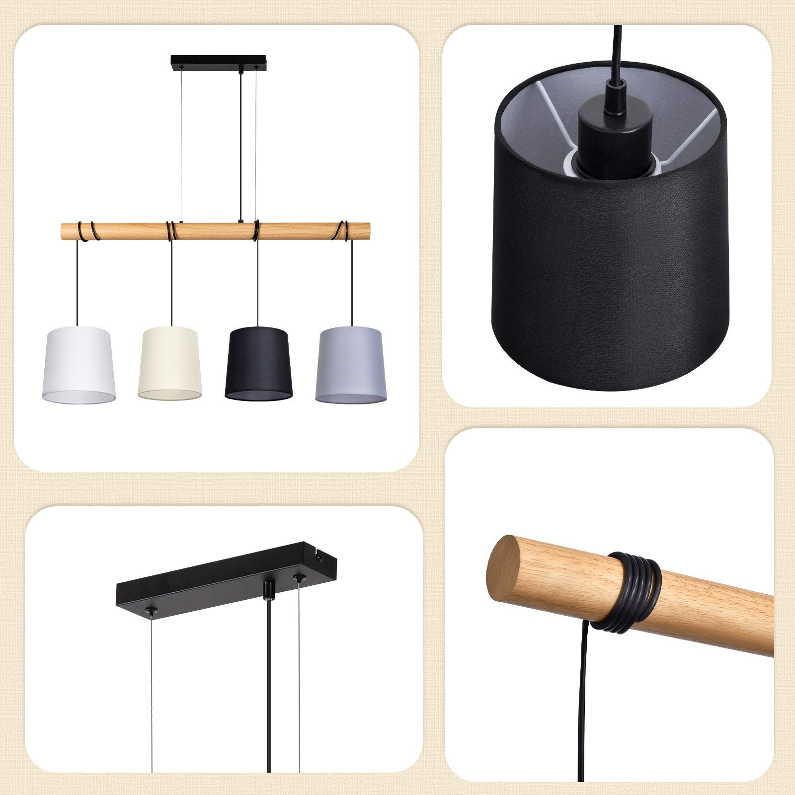 Drewniana belka z czterema lampami. Zbliżenia lamp i oprawy.