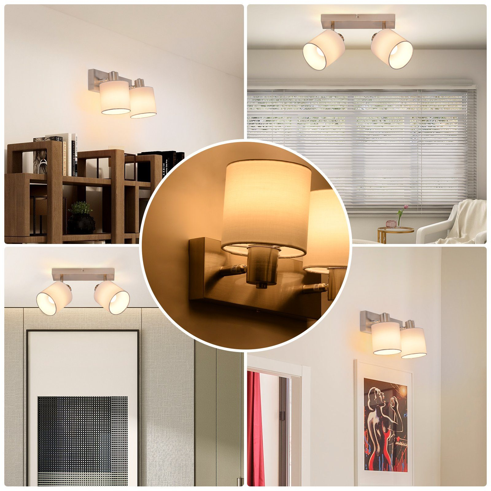 Wiele zdjęć lamp ściennych w różnych ustawieniach, z bliska na jedną lampę.