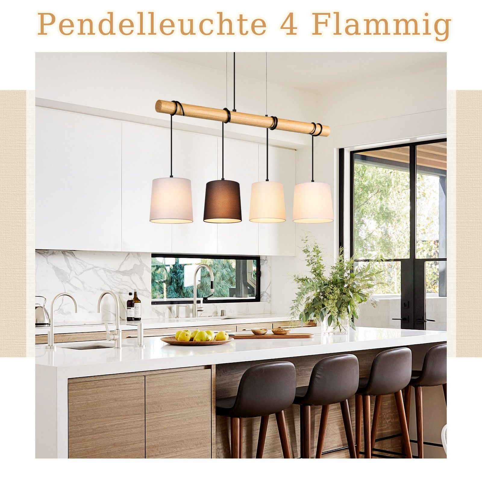 Wyspa kuchenna z lampami wiszącymi, cztery klosze, białe szafki i marmurowy backsplash.