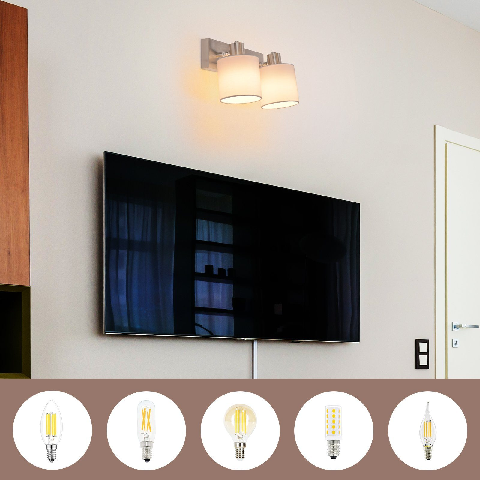 Lampa ścienna nad telewizorem, z różnymi żarówkami poniżej.