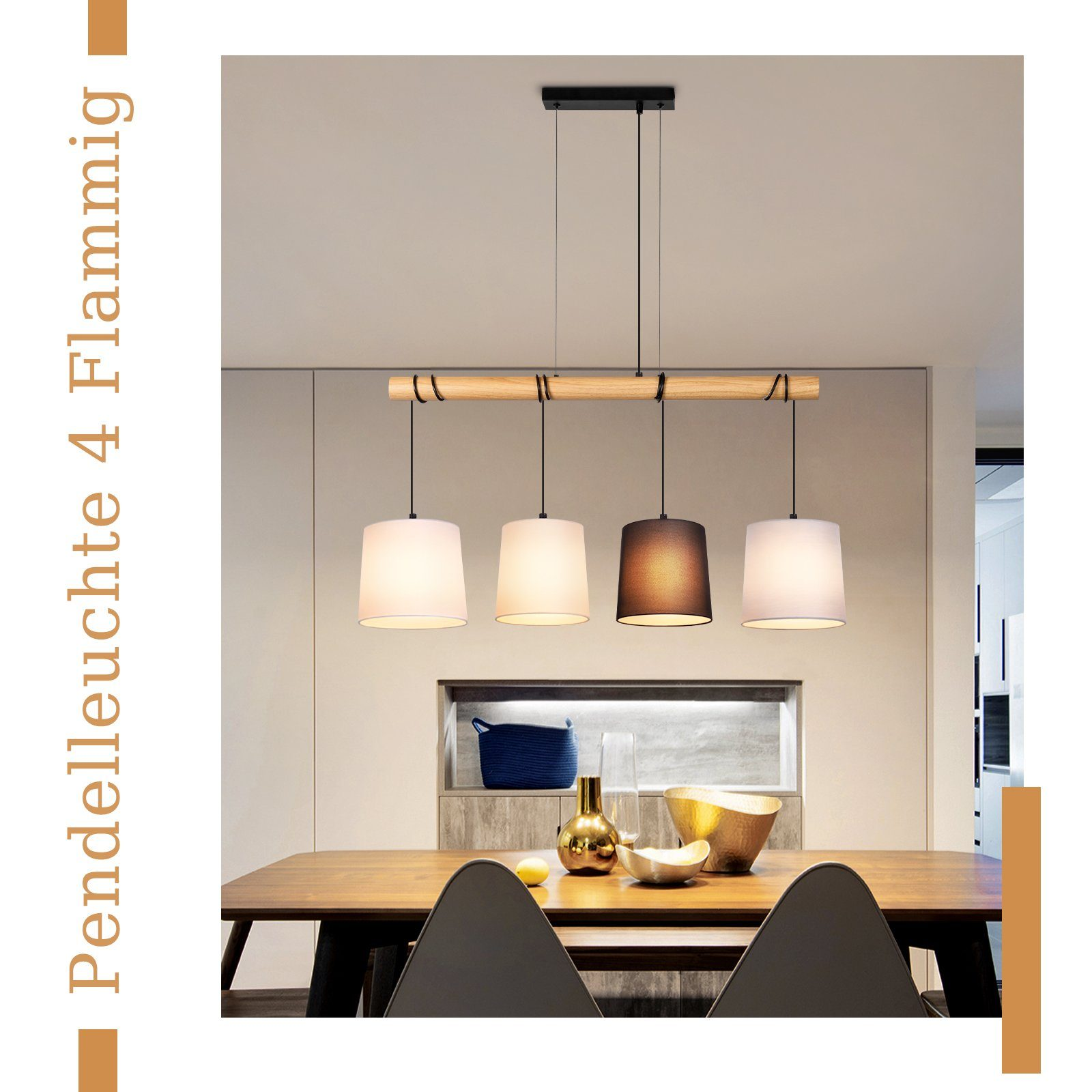 Cztery lampy wiszące z białymi i brązowymi kloszami wiszą nad drewnianym stołem.