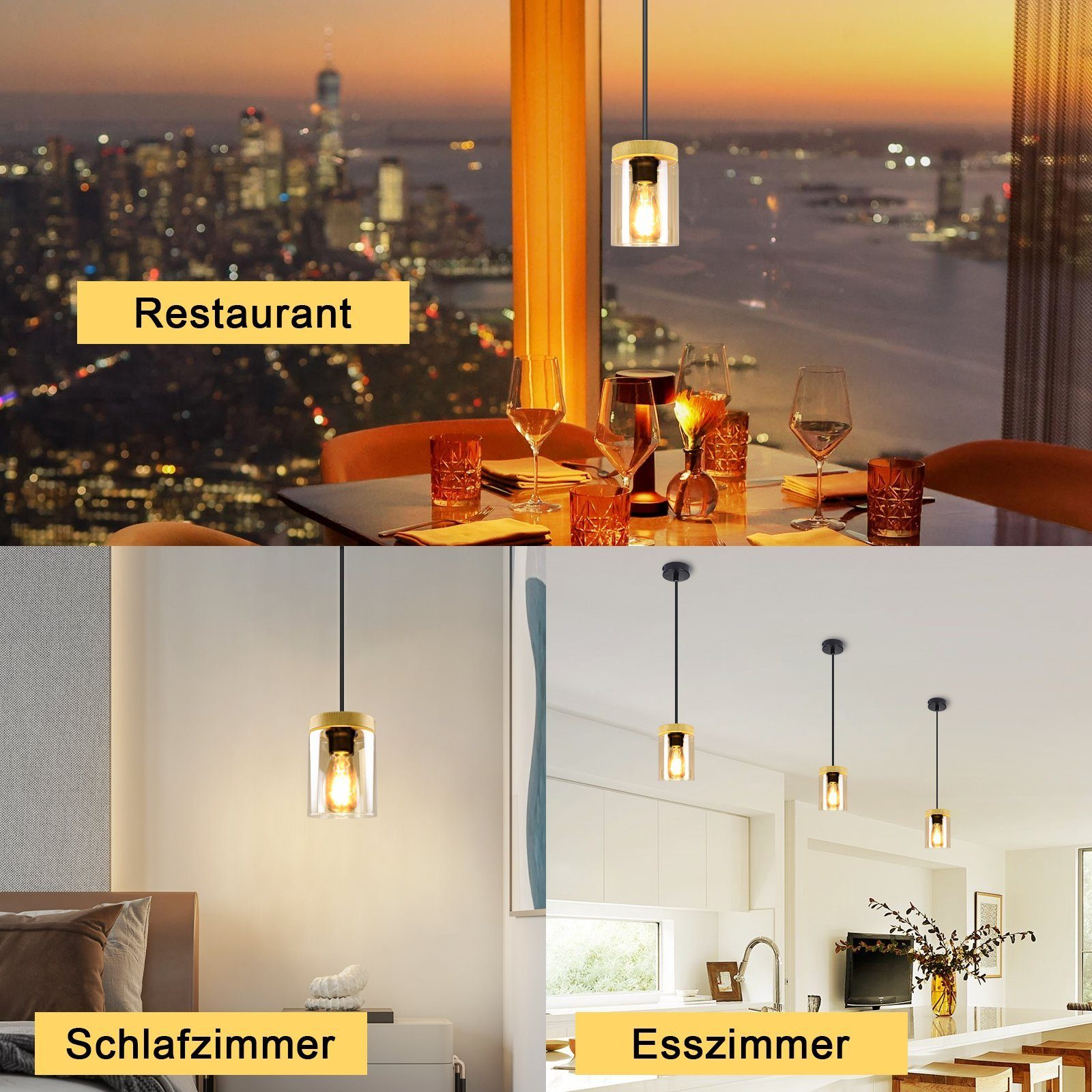 Lampa wisząca w trzech ustawieniach: restauracja, sypialnia i jadalnia. Światło to szklany cylinder.