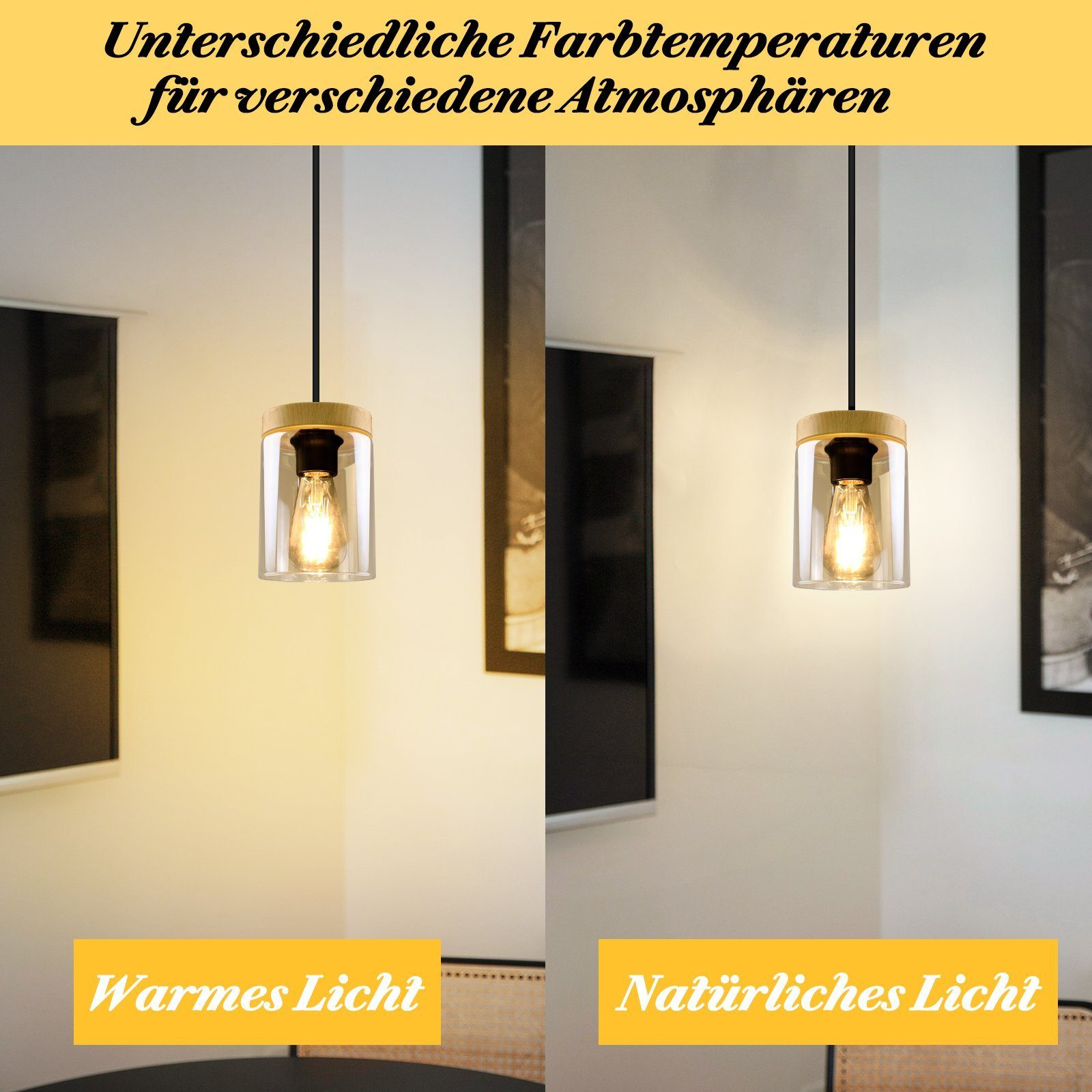 Dwie lampy wiszące pokazujące różne temperatury barwowe. Tekst: Ciepłe światło i Naturalne światło. Drewniane tło.