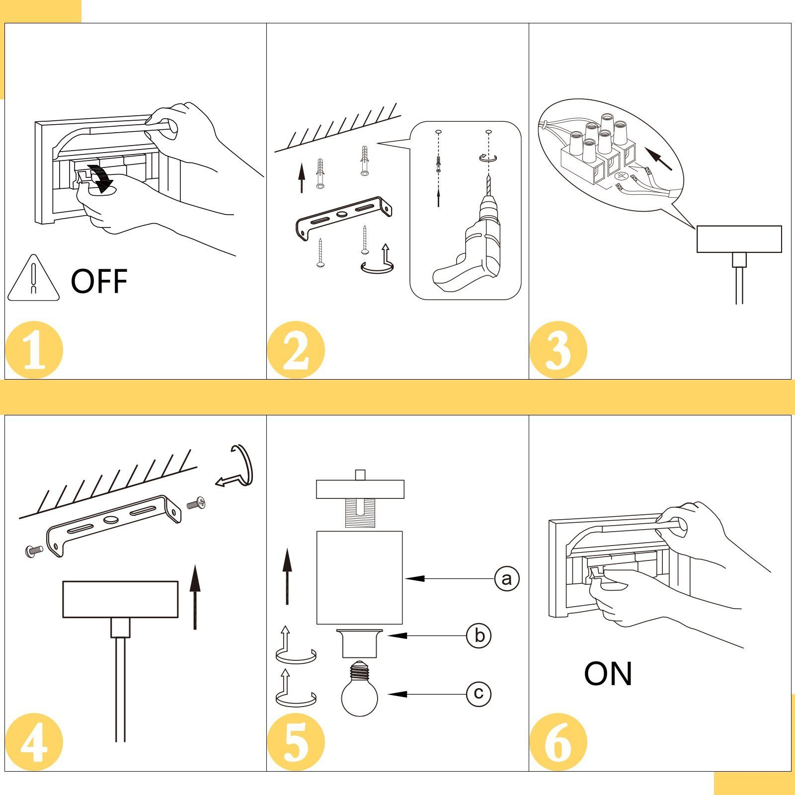 Sześć obrazów przedstawia kroki instalacji oświetlenia sufitowego, od okablowania do ostatecznego umieszczenia.