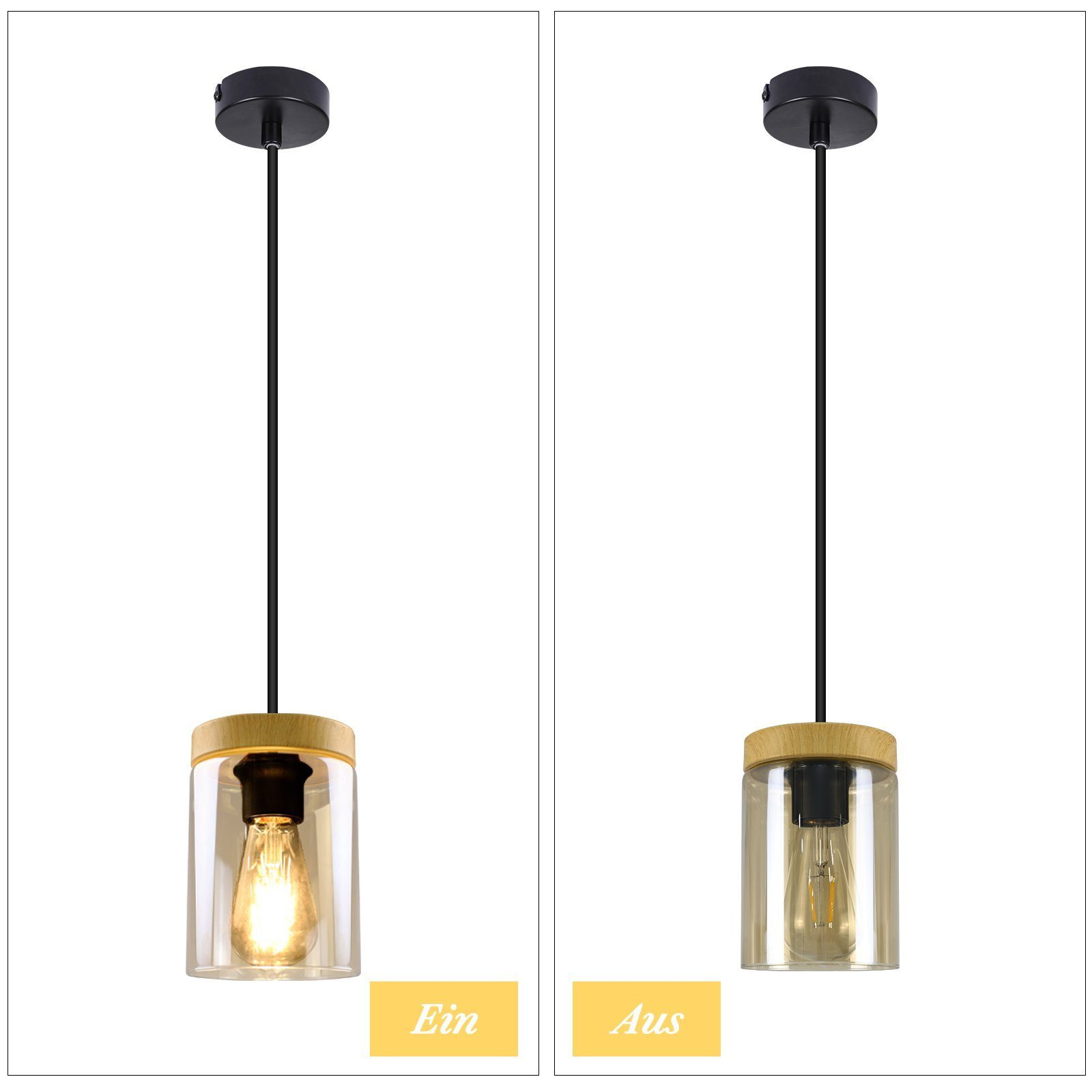 Dwie lampy wiszące, jedna włączona, druga wyłączona. Mają drewnianą podstawę i szklaną obudowę, z żółtą etykietą.