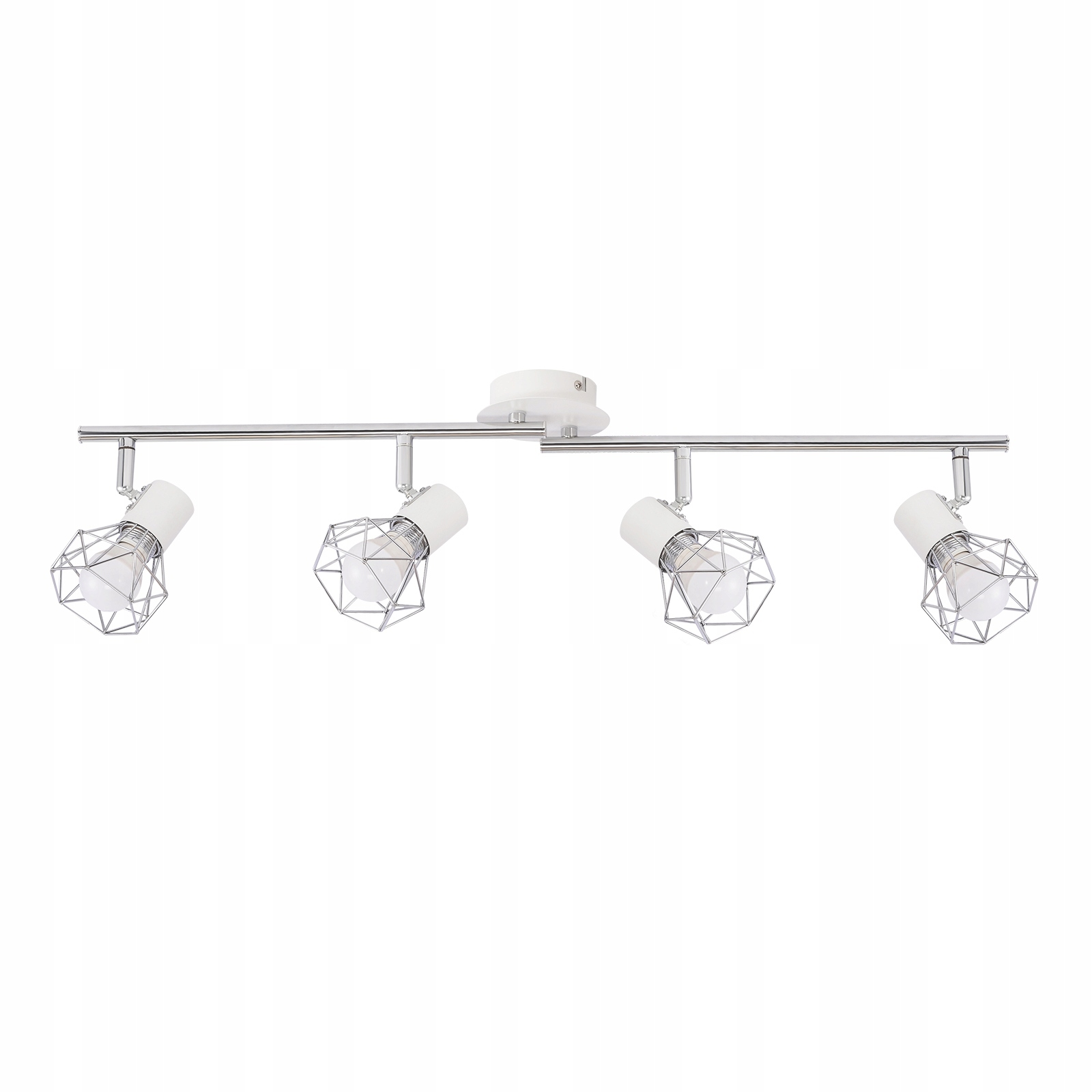Biała lampa sufitowa z czterema reflektorami na srebrnej listwie.