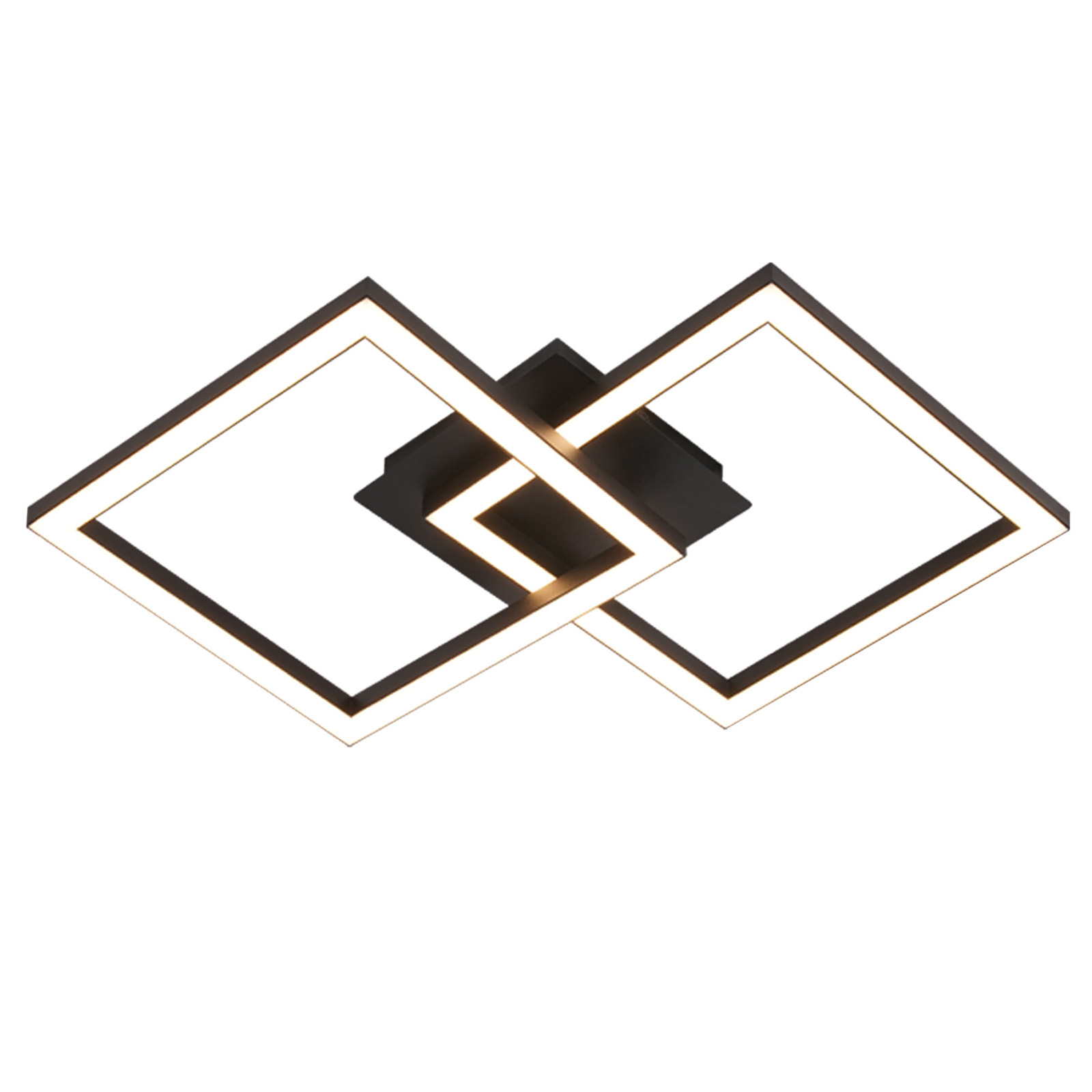 Czarna lampa sufitowa z dwoma przecinającymi się kwadratami oświetlenia LED. Białe tło.