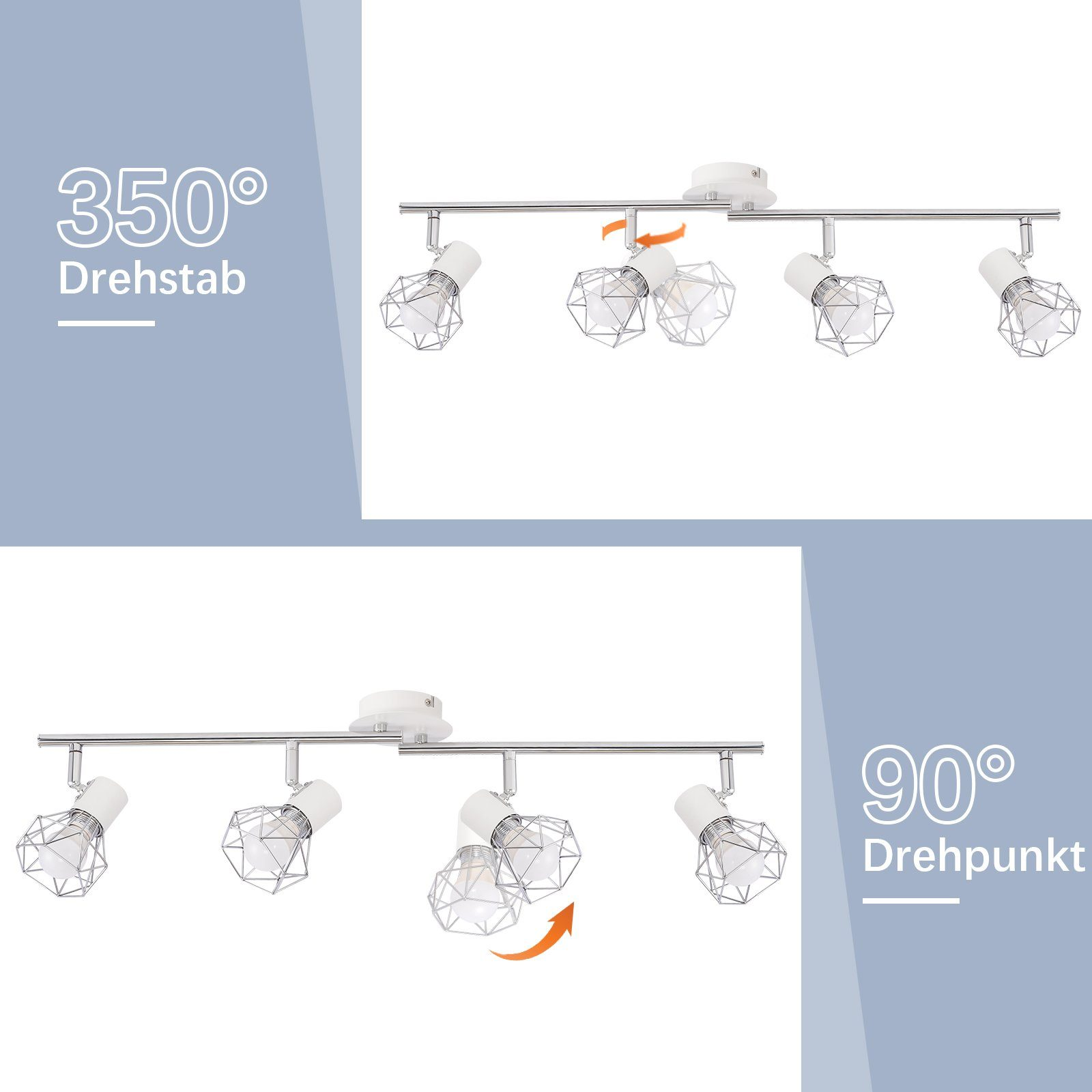 Schemat przedstawiający oświetlenie szynowe z regulowanymi reflektorami, pokazujący ruch 350° i 90°.