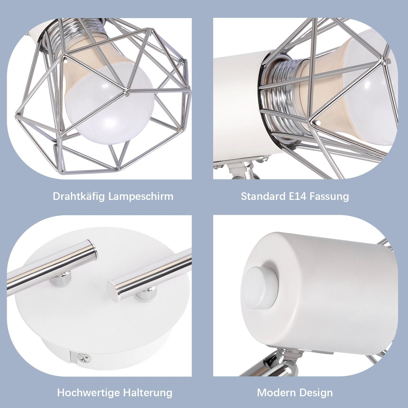 Zbliżenia na elementy lampy: uchwyt żarówki w drucianej klatce, podstawa i osprzęt montażowy.