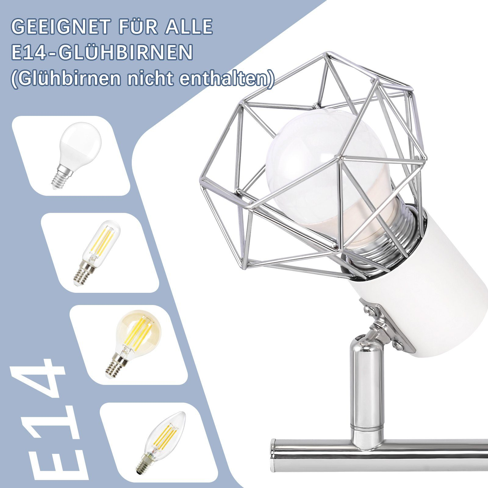 Oprawa oświetleniowa z konstrukcją przypominającą klatkę, prezentująca różne style żarówek.