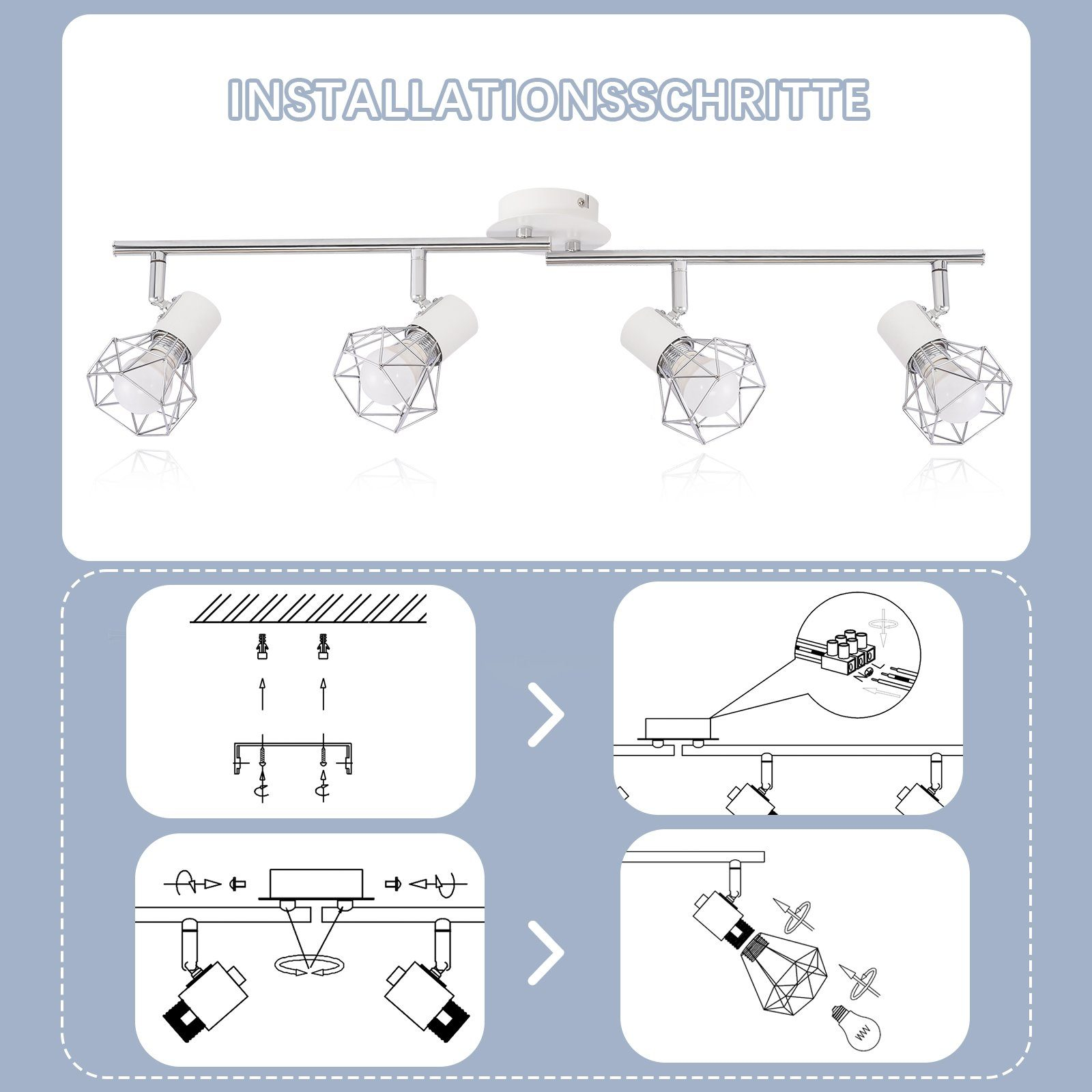 Kroki instalacji dla czterolampowego systemu oświetlenia szynowego, ze schematami montażu i okablowania.