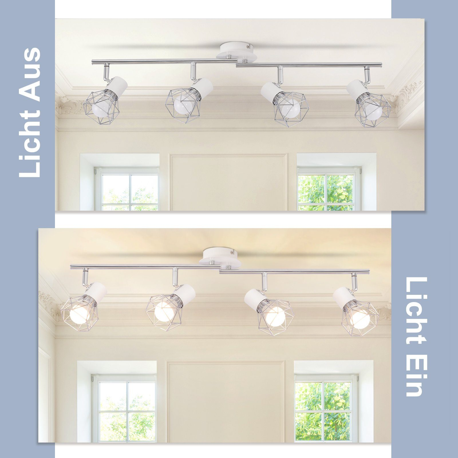 Dwa obrazy przedstawiają oprawę oświetleniową sufitową. Jeden jest wyłączony, drugi włączony. Oba mają cztery światła.