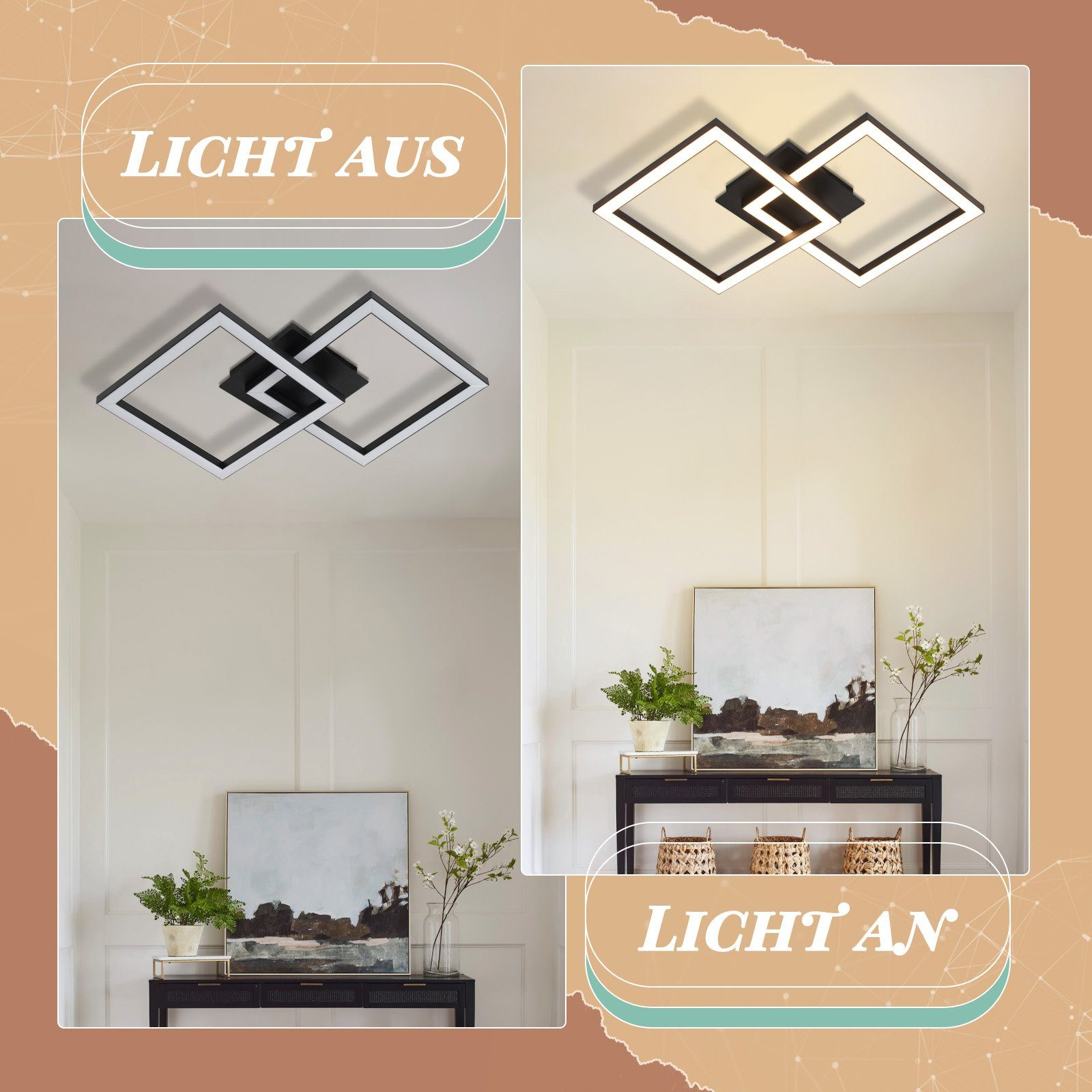 Dwa oprawy oświetleniowe, jeden wyłączony, a drugi włączony, oba kwadratowe. W pokoju jest sztuka i rośliny.