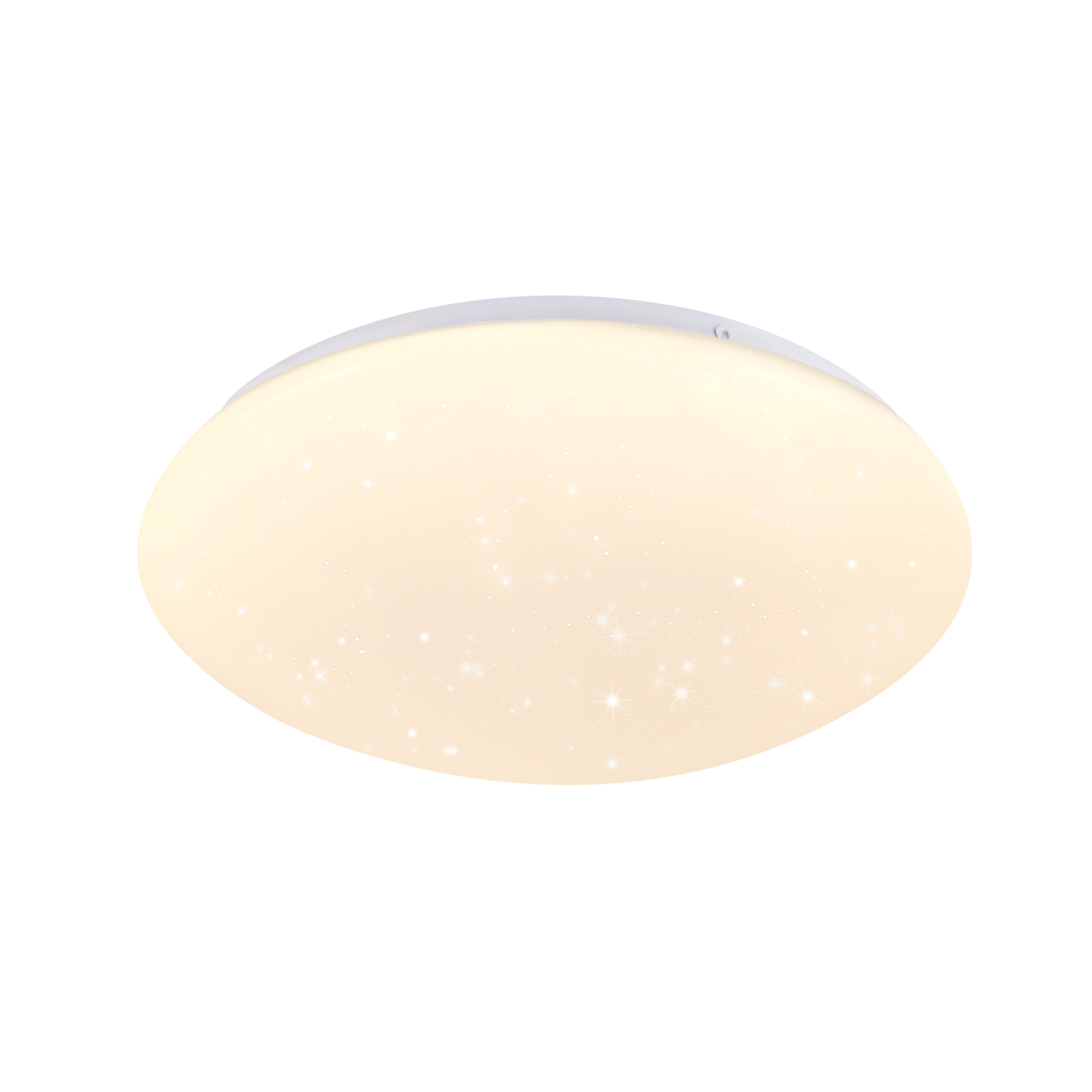 Lampada da soffitto bianca e rotonda con stelle scintillanti. Sfondo bianco.