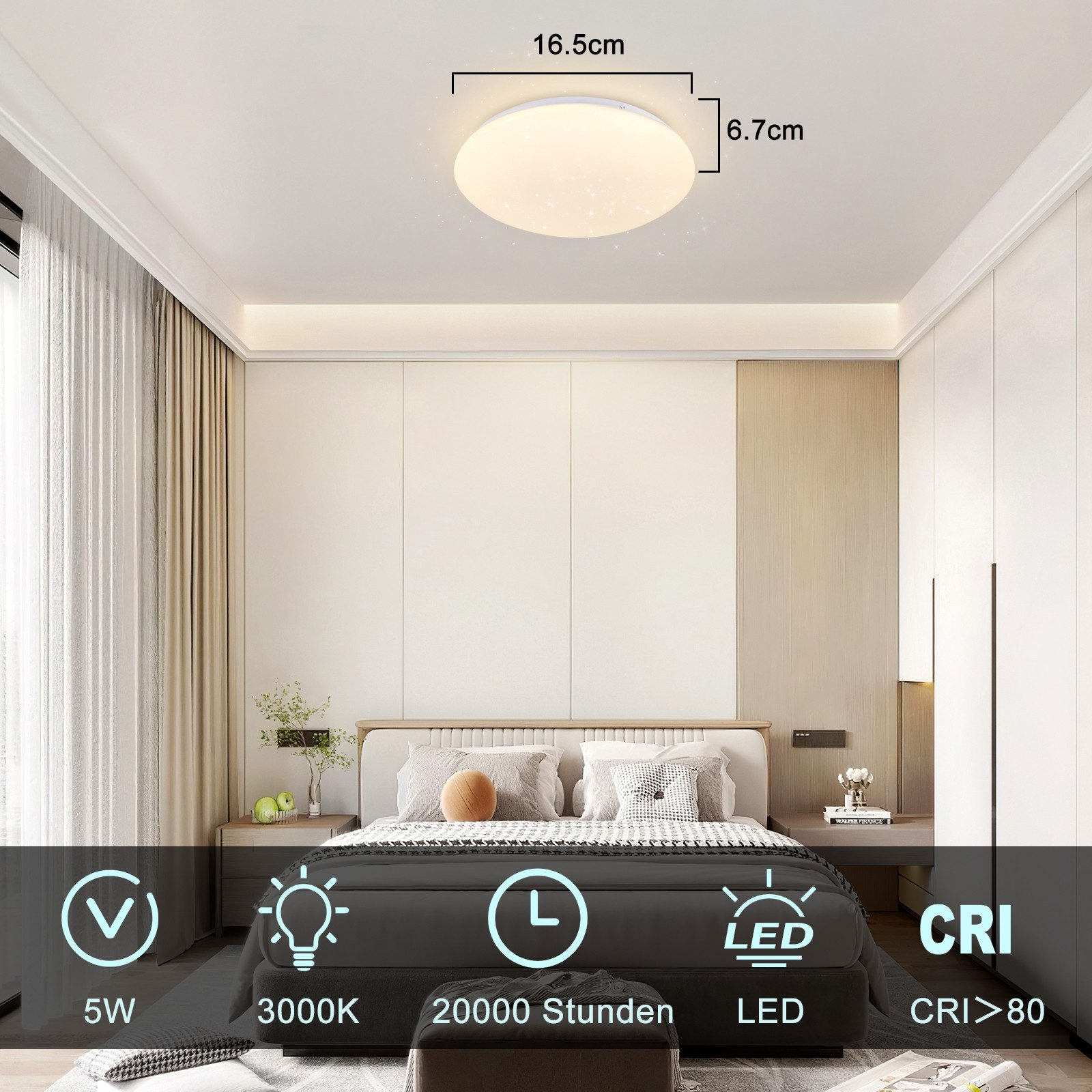 Una plafoniera rotonda con centro bianco e una camera da letto bianca con dettagli di illuminazione e specifiche.