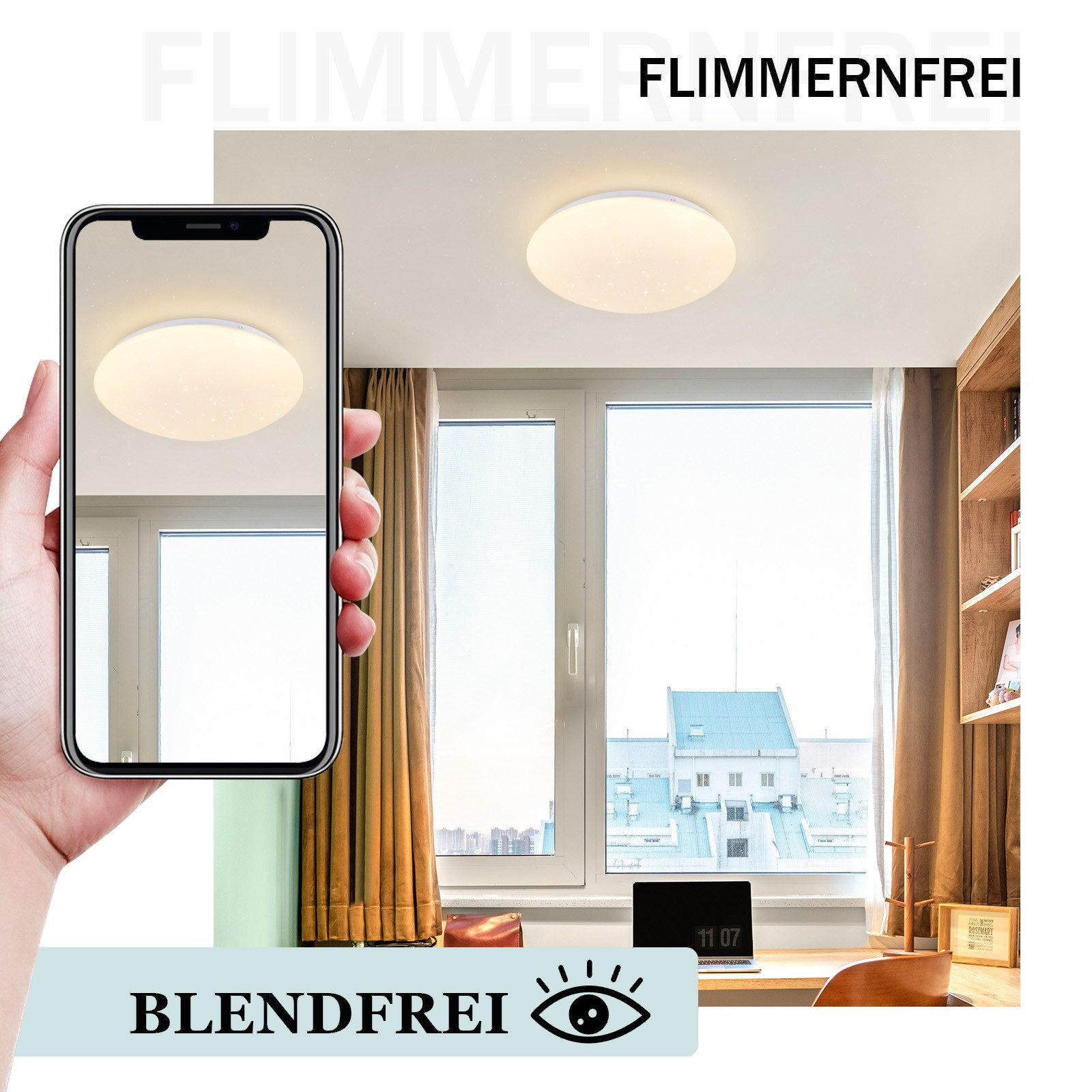 Una mano che tiene un telefono che mostra la luce del soffitto, in una stanza con una scrivania e una finestra.