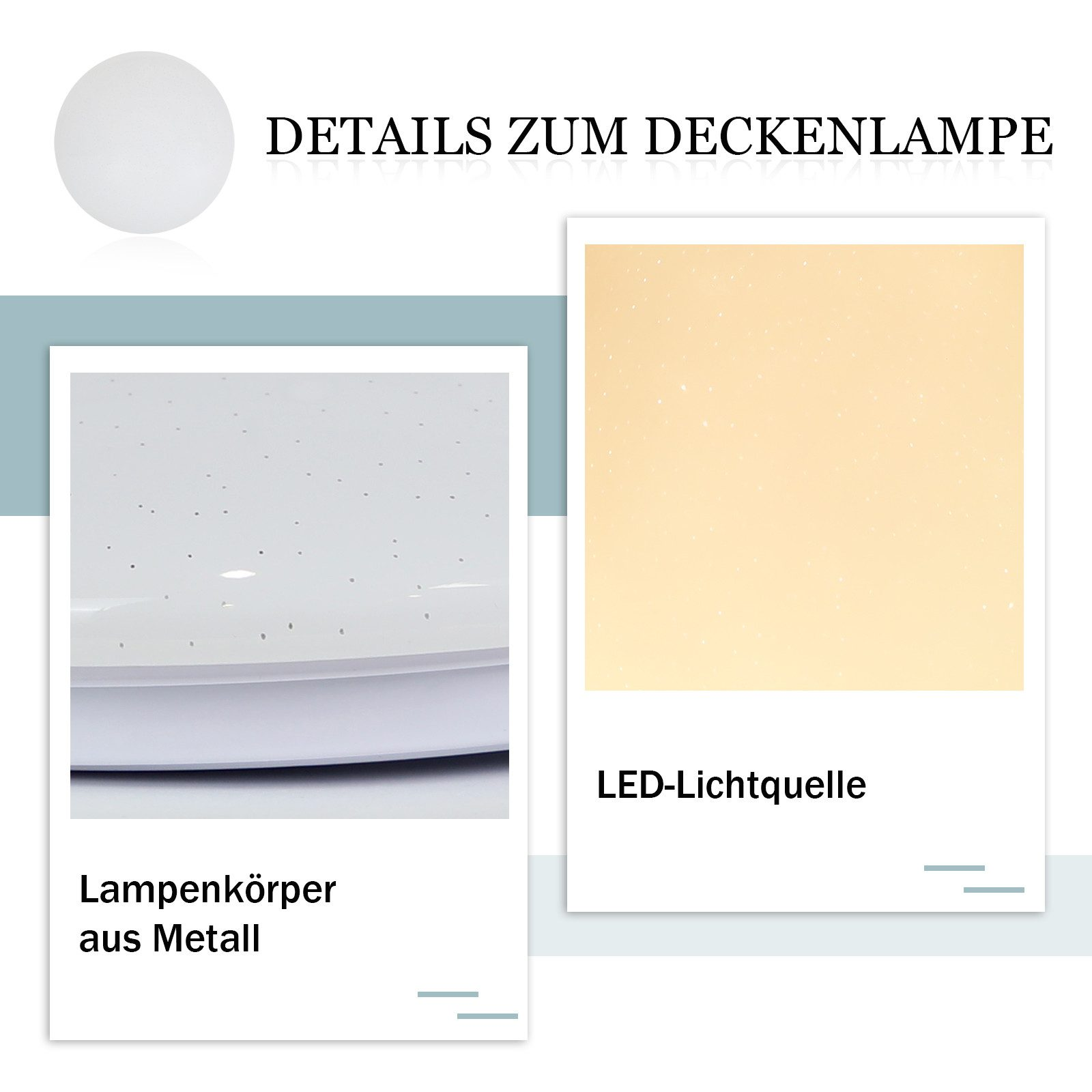 Dettagli di una lampada da soffitto, con un corpo lampada in metallo e sorgente luminosa a LED, primi piani.