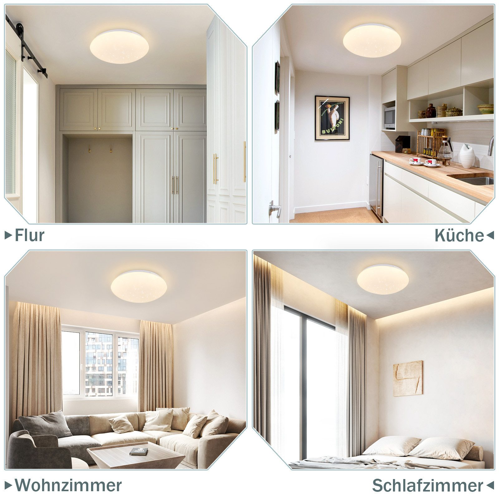 Quattro immagini mostrano una luce a soffitto bianca in un Flur, Küche, Wohnzimmer e Schlafzimmer. La luce è accesa.