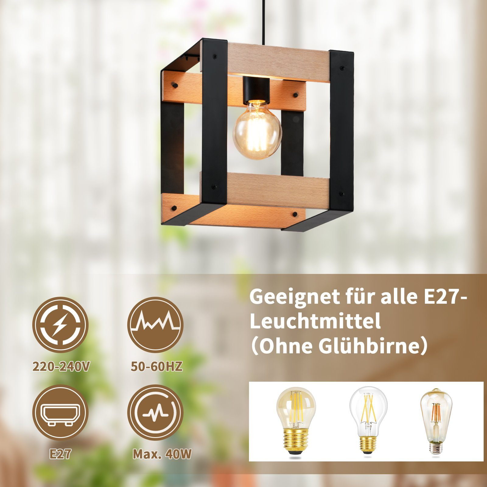 Wisząca drewniana i metalowa lampa z żarówką. Poniżej pokazano trzy style żarówek.