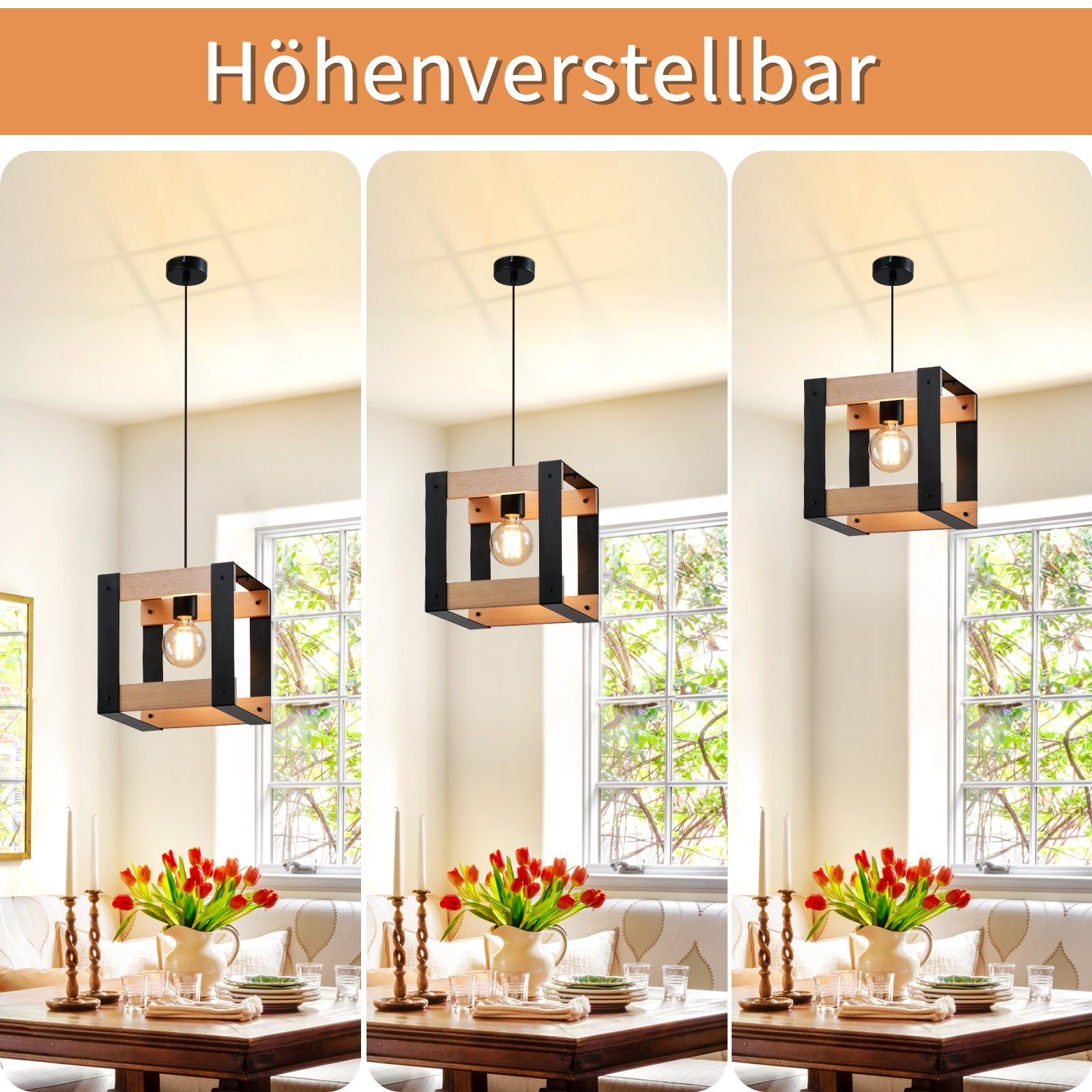Trzy lampy wiszące, drewniane i czarne, z regulowaną wysokością. Tulipany w wazonach na stole poniżej.